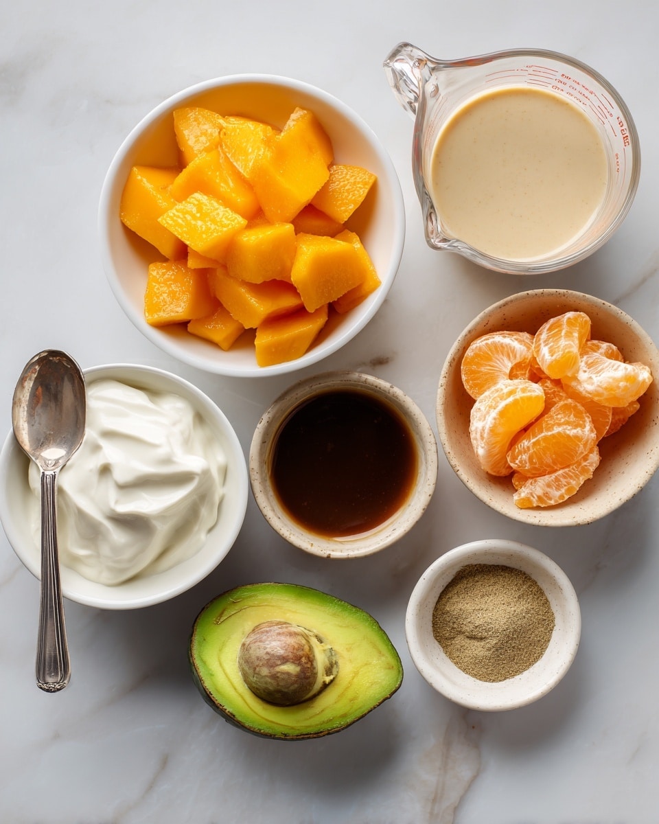 The image shows six small bowls on a white marbled surface, each with different ingredients. In the top left, a white bowl is full of bright orange frozen mango chunks with icy texture. On the top right, a clear measuring cup holds a creamy light beige liquid. Below it, a small white bowl contains a thick dark brown liquid. In the center right, a beige bowl holds peeled orange tangerine segments with a smooth texture. On the bottom left, a white bowl has thick white yogurt with a spoon inside. Below the yogurt, a small bowl contains half a green avocado with creamy texture. To the right of the avocado, a small white bowl holds light brown powdered spices. Photo taken with an iphone --ar 4:5 --v 7