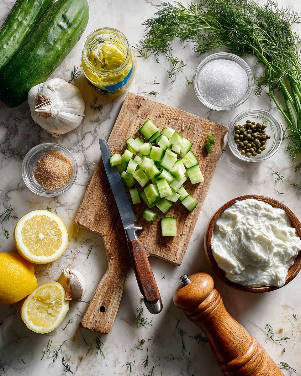 The image shows a wooden cutting board placed on a white marbled surface with a partially sliced cucumber and small diced cucumber pieces on top. A knife with a wooden handle rests on the board near the diced cucumber. Around the cutting board, there are small clear bowls with white granulated sugar, green capers, a small amount of light brown powder, and a larger bowl filled with thick white sauce. A lemon, cut in half, and a whole lemon are positioned next to the bowls. There is a jar of yellow mustard with a blue spoon inside, a clove of garlic, fresh green dill sprigs, and a wooden pepper grinder on the right side. The scene is brightly lit, highlighting the fresh ingredients and textures clearly. photo taken with an iphone --ar 4:5 --v 7