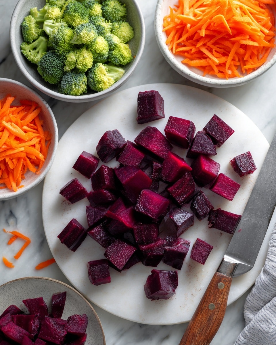 The image shows a white round chopping board with several dark purple beet cubes on it. A knife with a wooden handle lies on the board, some beet cubes near the blade. Around the chopping board, there are three white bowls placed on a white marbled surface: one bowl contains bright orange shredded carrots, another has light green sliced broccoli pieces, and the third holds more dark purple beet cubes. A woman's hand is near the bowl with orange shredded carrots. The scene is bright and clear, with natural colors standing out. photo taken with an iphone --ar 4:5 --v 7