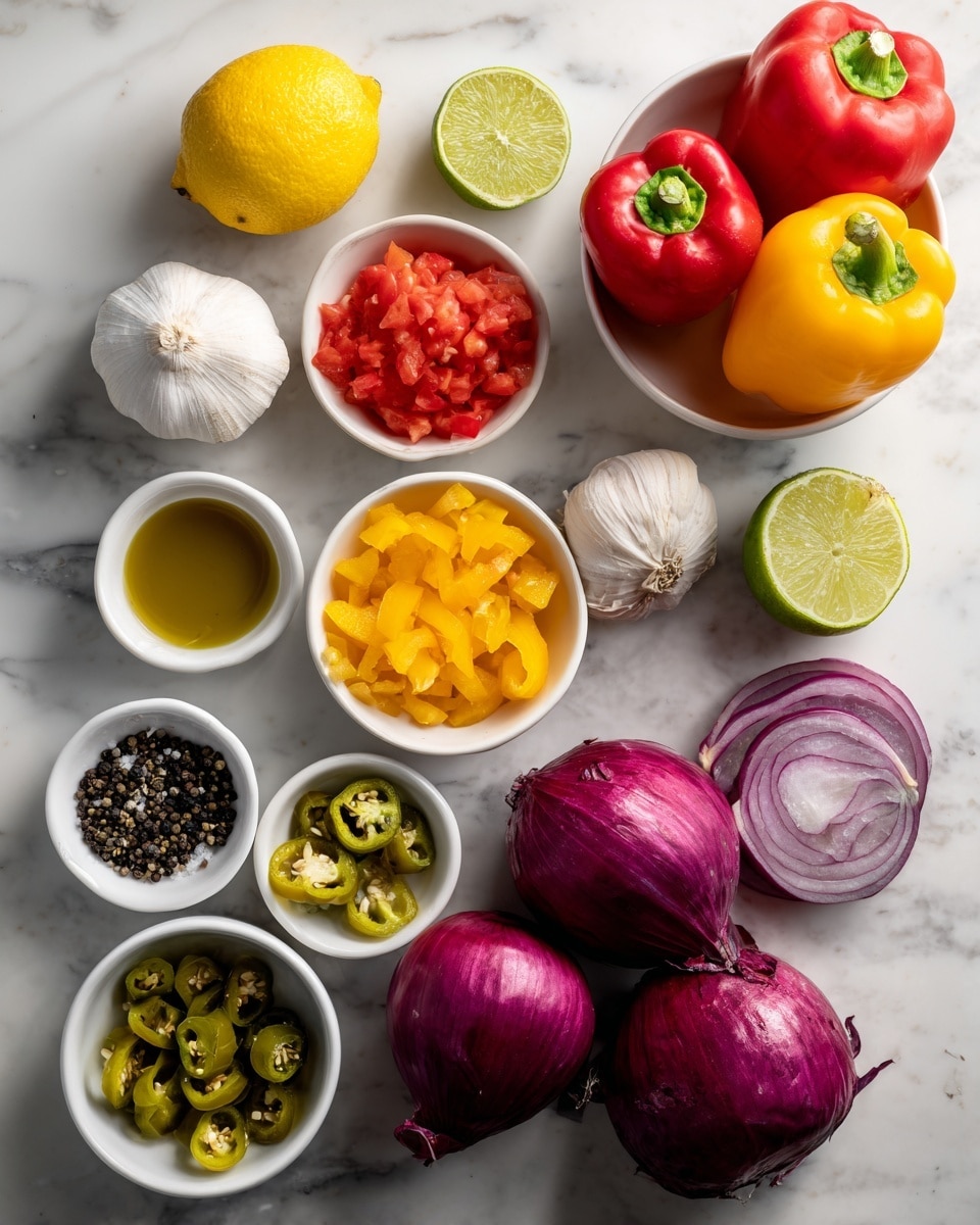 The image shows various fresh ingredients arranged on a white marbled surface, including whole red and yellow bell peppers in a white bowl on the top right, a whole lemon and lime placed near the top middle and right, and two whole heads of garlic near the top left and bottom left. There are three small white bowls filled with sliced jalapeños (green rings), sliced yellow peppers, and diced tomatoes, placed around the middle left. Three small bowls at the bottom contain black peppercorns, olive oil, and a mix of salt and dried herbs. Next to them are three red onions, with one cut in half, revealing its purple layers. The items are carefully spaced with natural lighting highlighting the fresh textures and colors, photo taken with an iphone --ar 4:5 --v 7