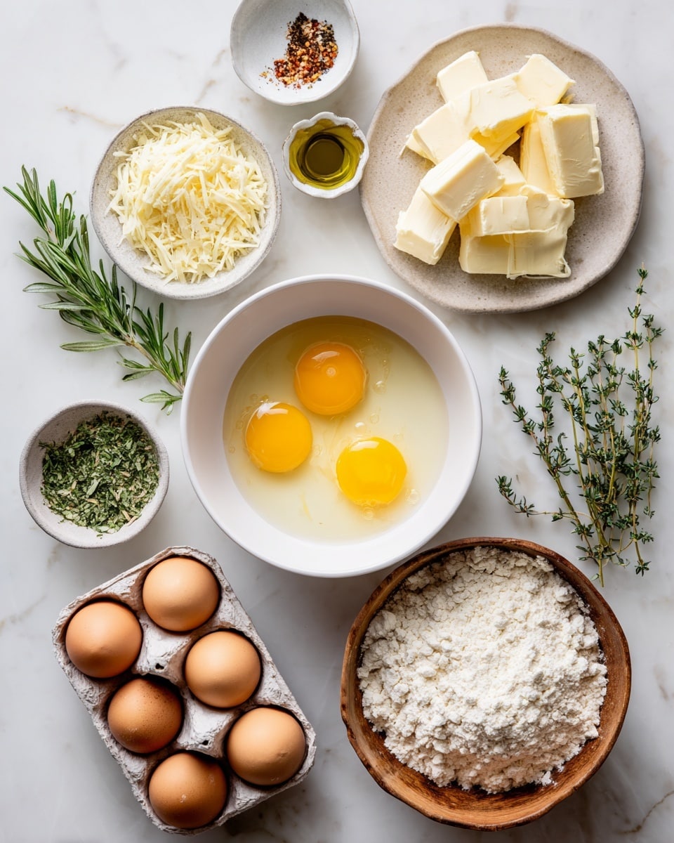 A top view of baking ingredients arranged on a white marbled surface, including a white bowl in the center holding three raw egg yolks in clear egg whites, a carton of six whole brown eggs at the bottom left, and a wooden bowl filled with white flour on the right side. Around these are small white bowls containing herbs, shredded cheese, and spices, a wooden plate with several slices of butter, a small glass container of olive oil, and sprigs of fresh rosemary and thyme placed on the right and left edges. The textures vary from powdery flour to smooth eggs and leafy herbs, all neatly positioned in a clean, organized layout. Photo taken with an iphone --ar 4:5 --v 7