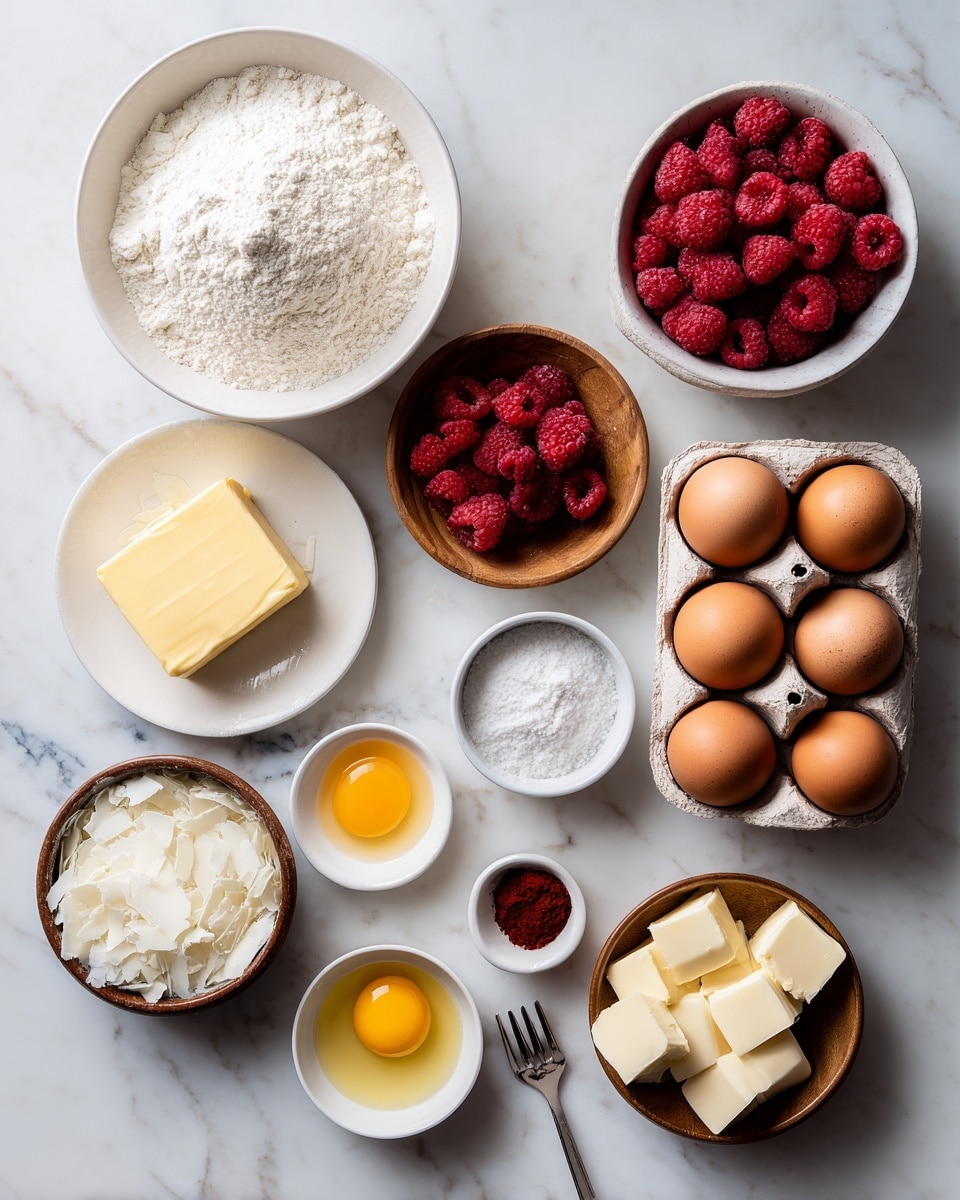 The image shows eleven bowls and one egg carton arranged neatly on a white marbled surface. Starting from the top left, there is a white bowl filled with a mound of flour. To its right, a white bowl holds fresh red raspberries. Below the flour bowl, a small wooden bowl is also filled with raspberries. A small white plate with a square block of yellow butter and a small silver fork rests just below that. Next to the butter plate, to the far right, is a carton containing six brown eggs. Below the butter plate is a small white bowl with white shavings, possibly coconut or white chocolate, and next to it is a tiny white bowl with a deep reddish-brown powder. Below the raspberries in the wooden bowl, there are two small white bowls, each containing one raw egg yolk with the white visible. Below these bowls, a small wooden bowl holds a heap of white powdered sugar. Lastly, a white bowl to the far bottom right contains several small sliced pieces of butter. The whole setup is well lit from above, showing clear textures and colors. Photo taken with an iphone --ar 4:5 --v 7