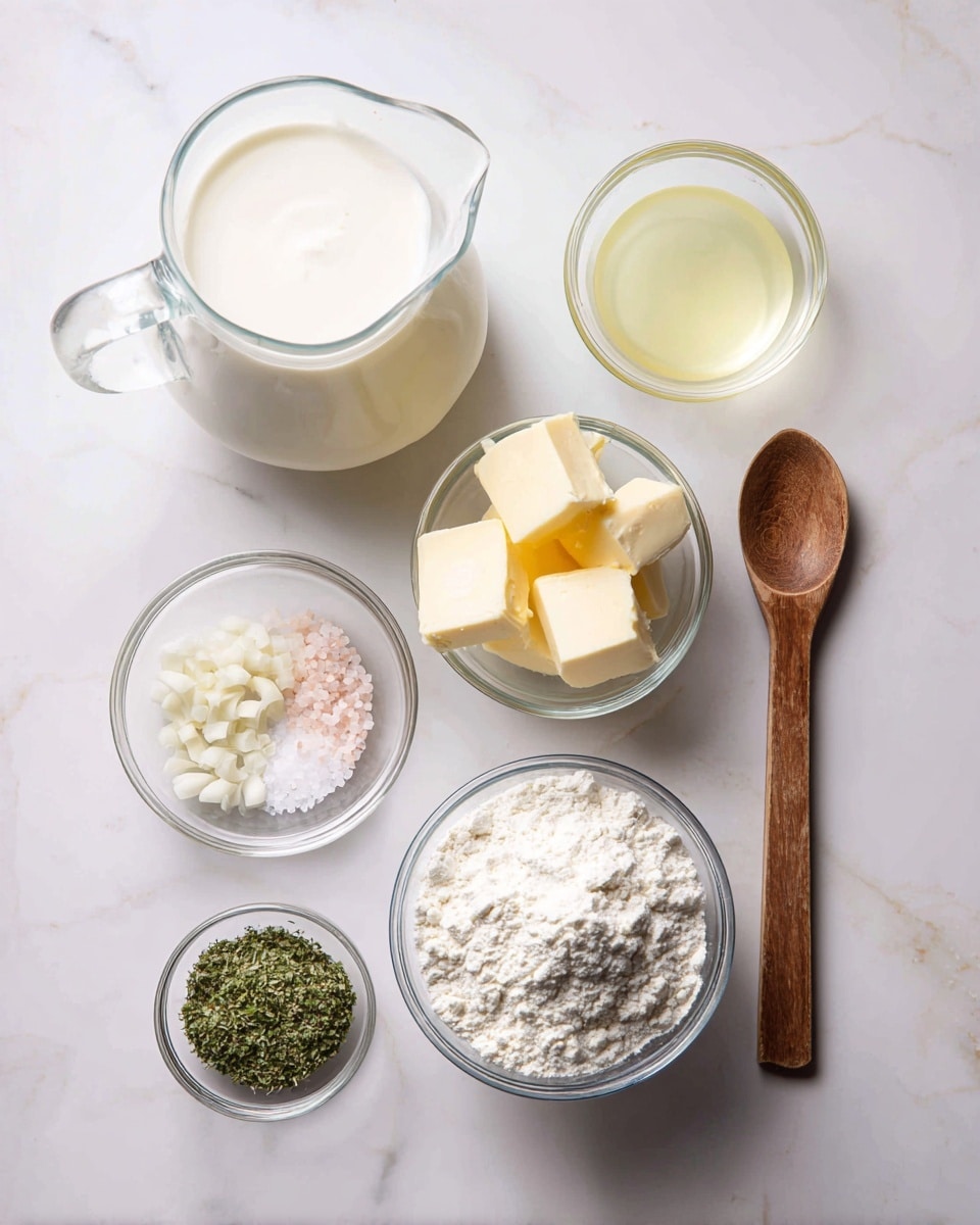 The image shows six glass bowls arranged on a white marbled surface. In the top left, there is a large glass jug filled with white cream. Next to it on the right is a small glass bowl with a light yellow liquid, likely broth. Below the broth, a smaller bowl holds soft, yellow butter cubes. Centered below the cream jug is a bowl filled with white flour. On the bottom left, a small bowl contains minced green herbs, pink salt, and diced garlic. On the far right side, a wooden spoon rests on the white marbled surface. photo taken with an iphone --ar 4:5 --v 7