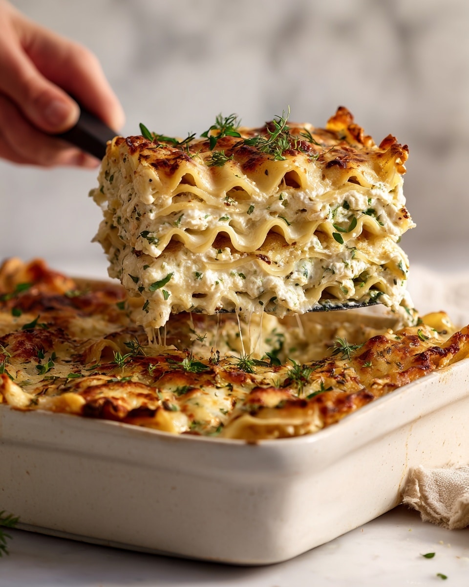 The image shows a white casserole dish with a slice of creamy white lasagna being lifted out with a black spatula held by a woman's hand. The lasagna has three visible layers of soft pasta sheets, white cheese filling mixed with small green spinach leaves, and melted slightly browned cheese on top sprinkled with green herbs. The edges of the lasagna are golden brown and the surface is smooth and creamy. The background is a white marbled texture with soft natural light. photo taken with an iphone --ar 4:5 --v 7