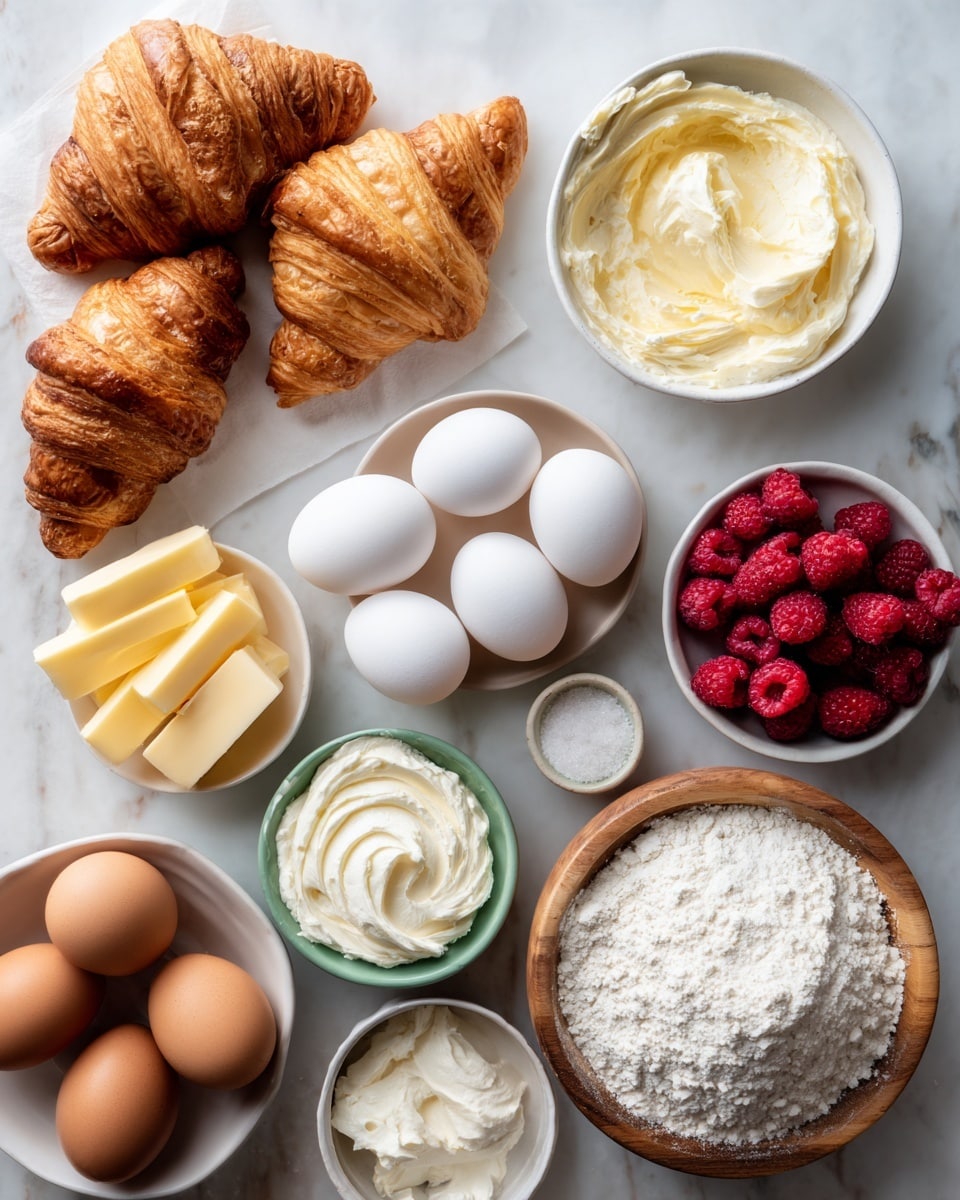 A flat lay of baking and fresh ingredients arranged on a white marbled surface, featuring three golden brown croissants on the left side, one partly dipped in a white bowl filled with soft butter. Nearby, there are five white eggs grouped next to a smaller white bowl holding fine white powder. On the bottom left, five brown eggs lie next to a white bowl with three thick yellow butter sticks. Two white bowls contain fresh red raspberries, one larger with a full scoop and one smaller with fewer berries. A light green bowl holds smooth cream cheese with soft swirls. A wooden bowl on the right is filled with a large mound of white flour. The overall scene is bright and inviting, photo taken with an iphone --ar 4:5 --v 7