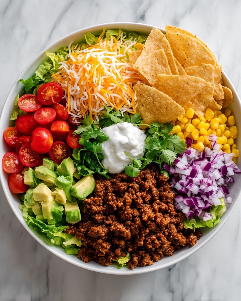 A white bowl filled with a colorful layered salad arranged in sections on a white marbled surface. The base is fresh green lettuce leaves around the edges. There are two sections of cooked ground meat with a dark brown color at opposite sides. Bright red halved cherry tomatoes and finely chopped purple onions are placed side by side. A pile of yellow corn kernels sits in the middle. Fresh avocado pieces in light green with creamy textures are next to the corn. A small dollop of white sour cream is placed near the corn and meat. Shredded orange and white cheese is layered on lettuce at the top left, while golden-brown folded tortilla chips fill the top right side. The scene includes pieces of lime and a halved avocado nearby, with a white and gray striped cloth at the bottom right. Photo taken with an iphone --ar 4:5 --v 7