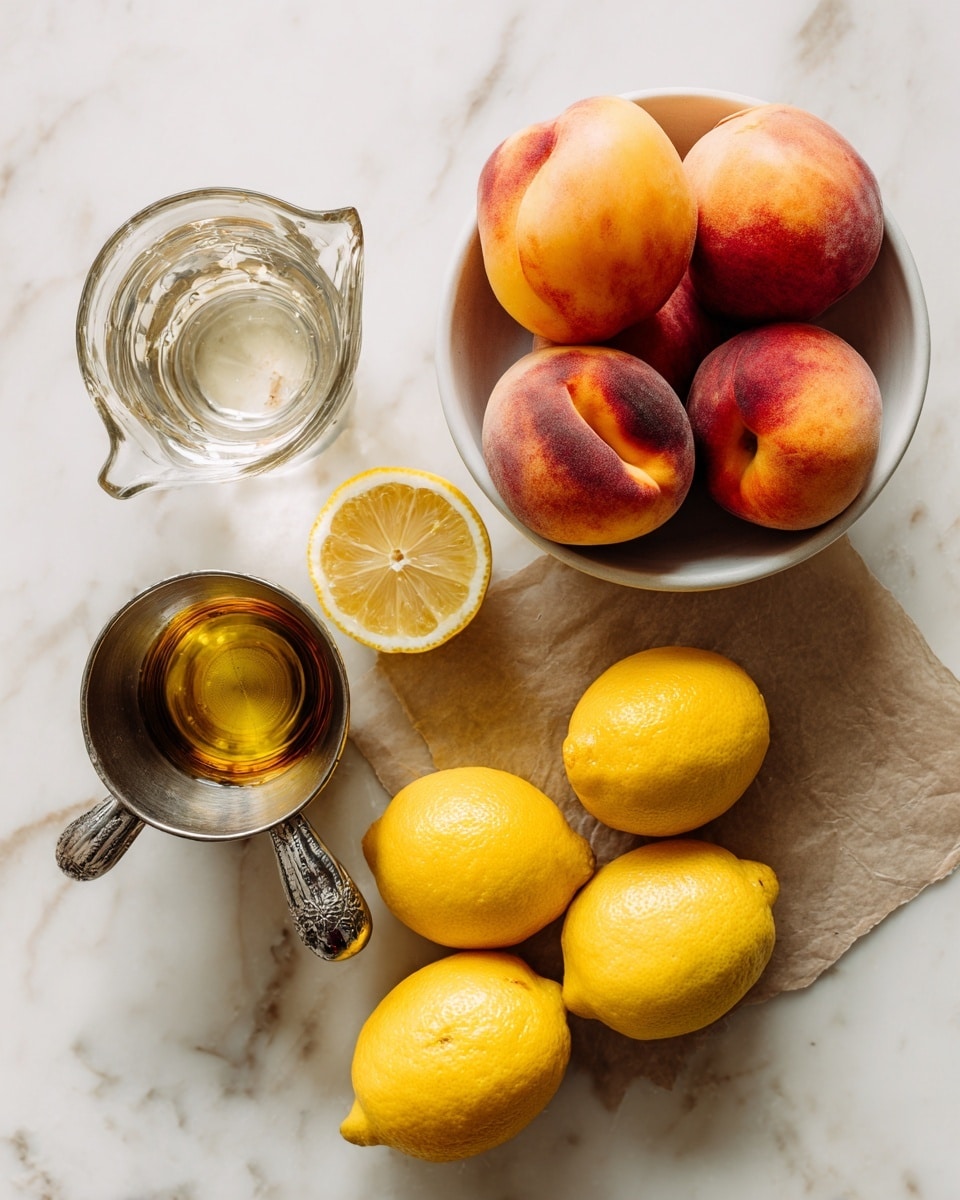 The image shows a white marbled surface with a white bowl filled with six peaches, a transparent measuring cup with water, a metal measuring cup holding a golden liquid, and a bunch of lemons, five whole and one halved, resting on a piece of brown paper. The colors include the warm orange-red hues of the peaches, bright yellow of the lemons, clear water, and the shiny metallic color of the measuring cup. The items are arranged loosely in a top-down view on the white marbled surface. photo taken with an iphone --ar 4:5 --v 7