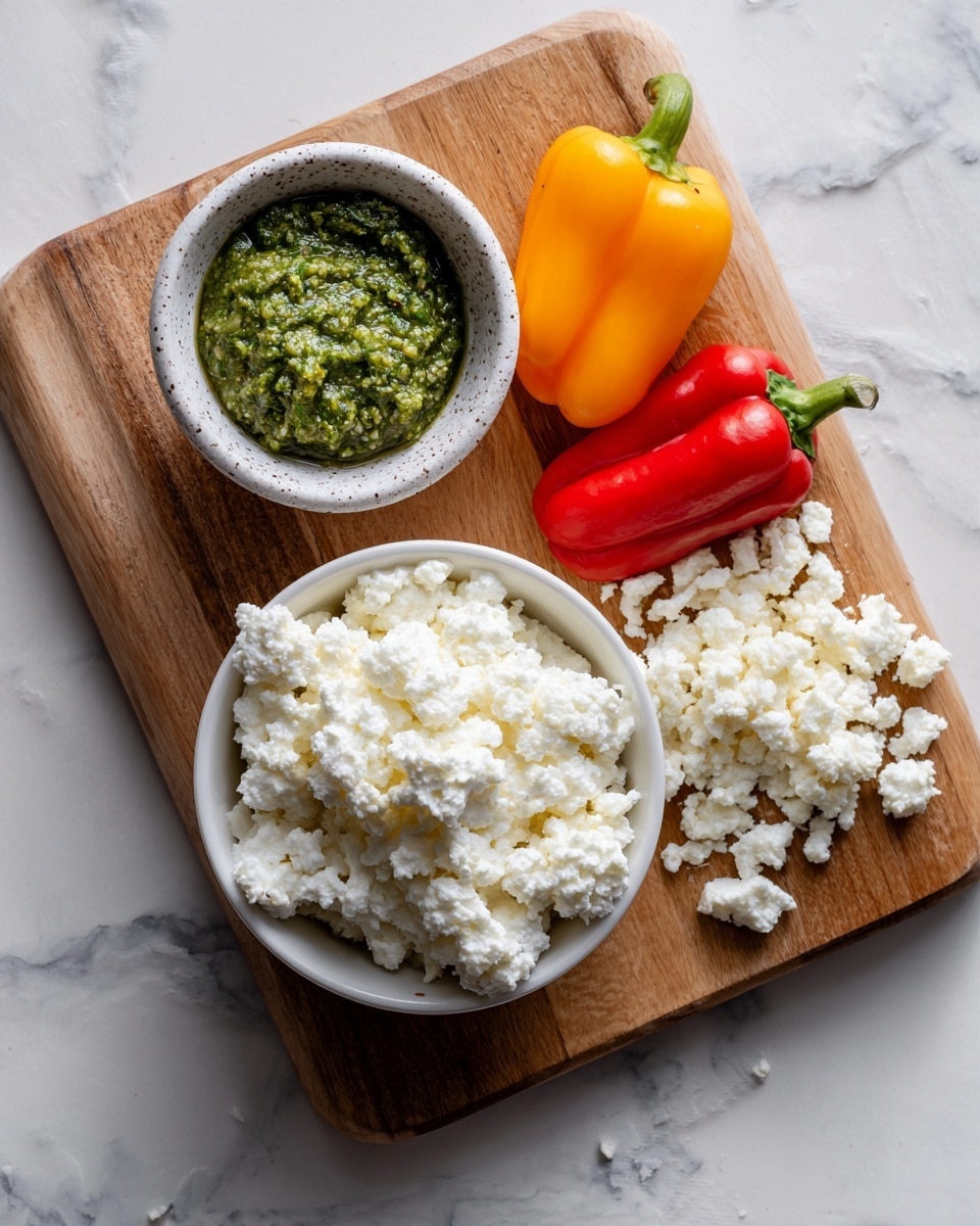 The image shows a wooden board on a white marbled surface with four main items arranged neatly. In the bottom left corner, there is a white bowl filled with a thick layer of cottage cheese with a grainy texture. Above it to the left, a small white speckled bowl holds a layer of green pesto sauce, which looks coarse but slightly oily. To the right of the pesto, there are three colorful peppers—one red bell pepper, one yellow banana pepper, and one small orange bell pepper—placed in a simple row. Next to the peppers on the right side, there is a small pile of finely crumbled white cheese that looks soft and fluffy. The photo taken with an iphone --ar 4:5 --v 7