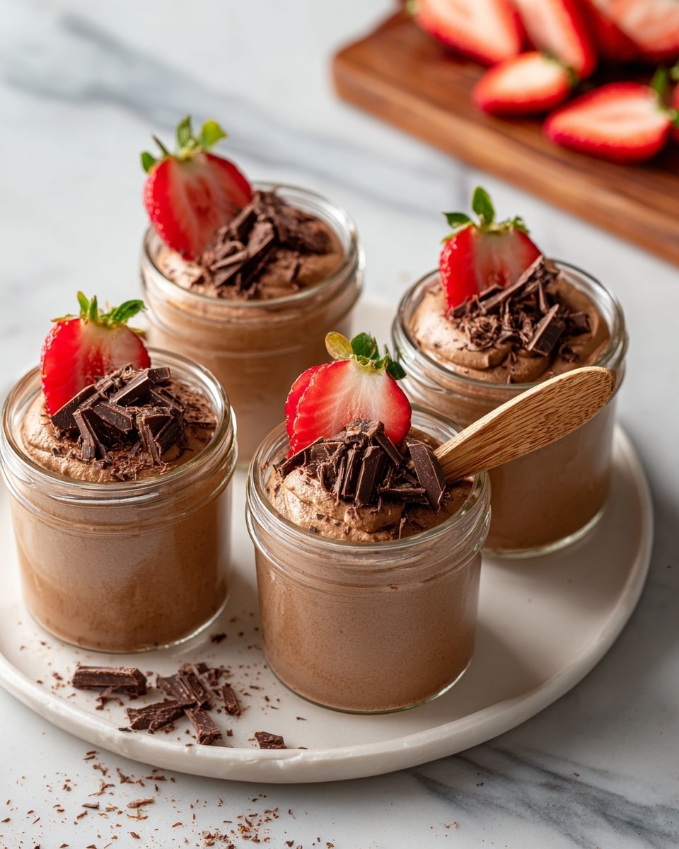 The image shows four clear glass jars filled with smooth chocolate mousse. Each jar has a top layer with a few thin dark chocolate shavings and two bright red strawberry slices arranged on one side. One jar in the front center has a wooden spoon dipped into the mousse. The jars sit on a round white plate that has more scattered chocolate shavings on it. The background is a white marbled texture with a wooden cutting board in the back holding extra strawberry slices. Photo taken with an iphone --ar 4:5 --v 7