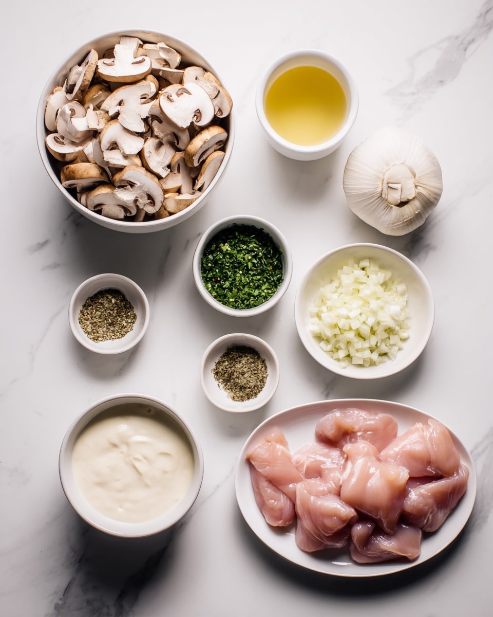 The image shows an overhead view of a cooking setup on a white marbled surface. There is a white bowl filled with sliced light brown mushrooms, and next to it, a small white bowl containing chopped green herbs. A white bowl with a yellowish liquid is nearby, along with small bowls holding brown and white seasonings. Below these, there is a white bowl with thick white cream and another white bowl with finely chopped onions. On the right side, a white oval dish holds several raw pink pieces of chicken. The arrangement is neat and organized, with all bowls and dishes placed clearly separated. Photo taken with an iphone --ar 4:5 --v 7