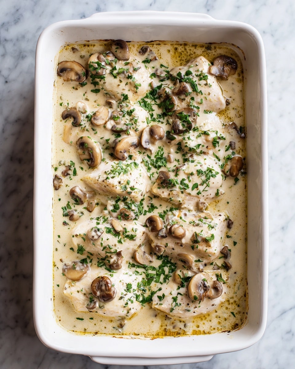The image shows a white rectangular baking dish filled with several pieces of cooked chicken topped with creamy white mushroom sauce. The sauce has sliced brown mushrooms scattered on top and around the chicken. The dish is garnished with chopped green herbs sprinkled over the sauce and chicken. The texture of the sauce looks smooth and thick, covering the chicken pieces evenly. The background is a white marbled surface with a portion of a white cloth visible at the bottom left. photo taken with an iphone --ar 4:5 --v 7