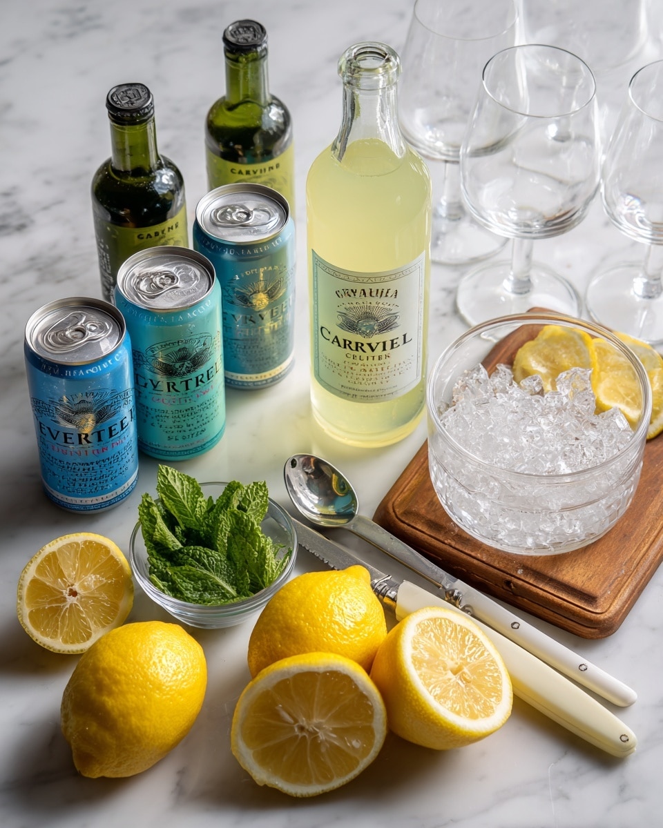 The image shows ingredients for a refreshing drink arranged on a white marbled surface. In the center, there is a tall clear glass bottle filled with pale yellow liquid and labeled