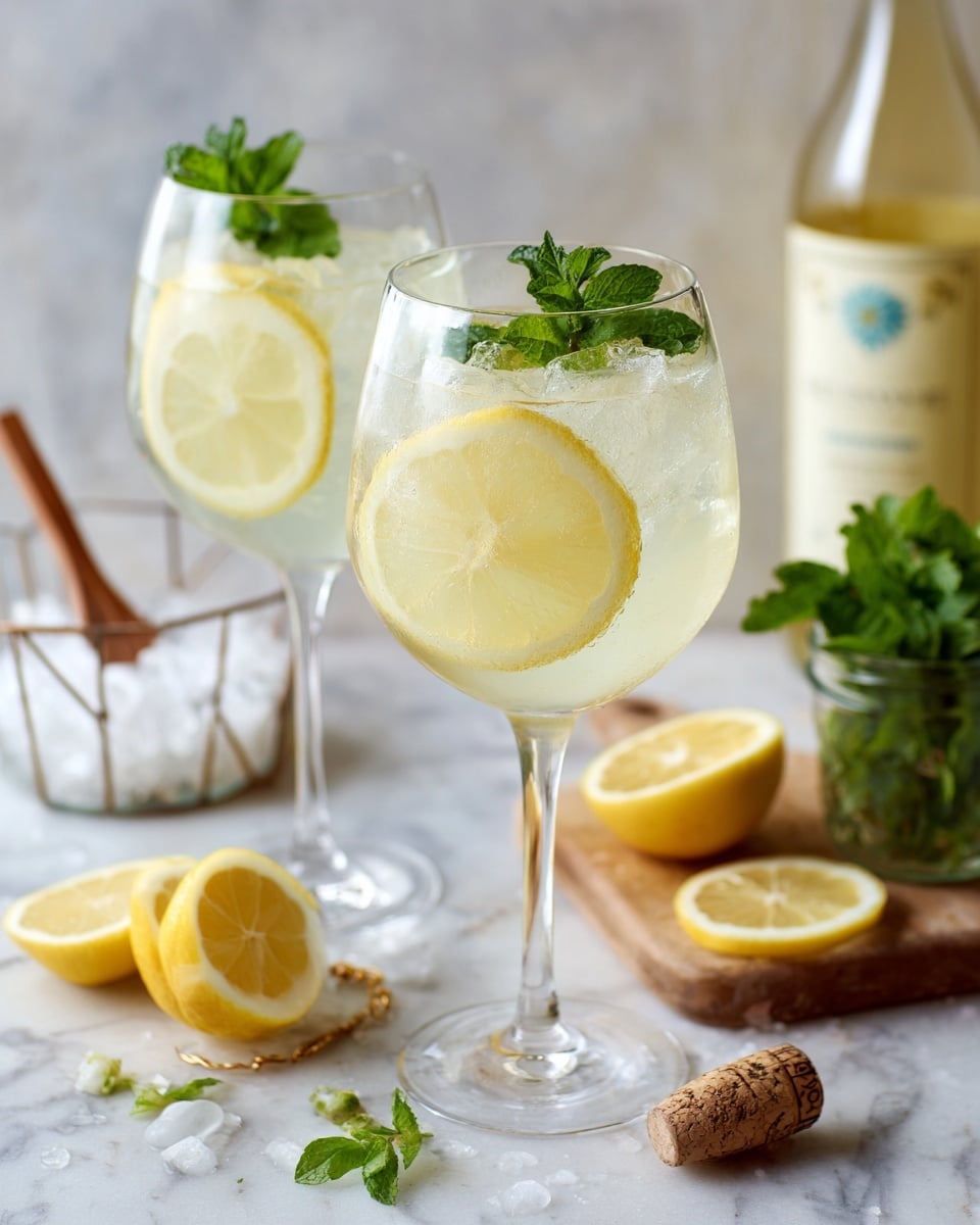 Two clear wine glasses filled with a pale yellow drink and ice cubes sit on a white marbled surface. Each glass has a thin lemon slice placed inside near the top and fresh green mint leaves garnish the rim. Around the glasses, there are lemon slices, a wine cork, and a gold-colored wire cage. In the background, a clear bowl with a wooden spoon inside, a bottle with a yellow label, and a small bunch of mint leaves in a clear glass jar add to the scene. The photo is taken with an iphone --ar 4:5 --v 7