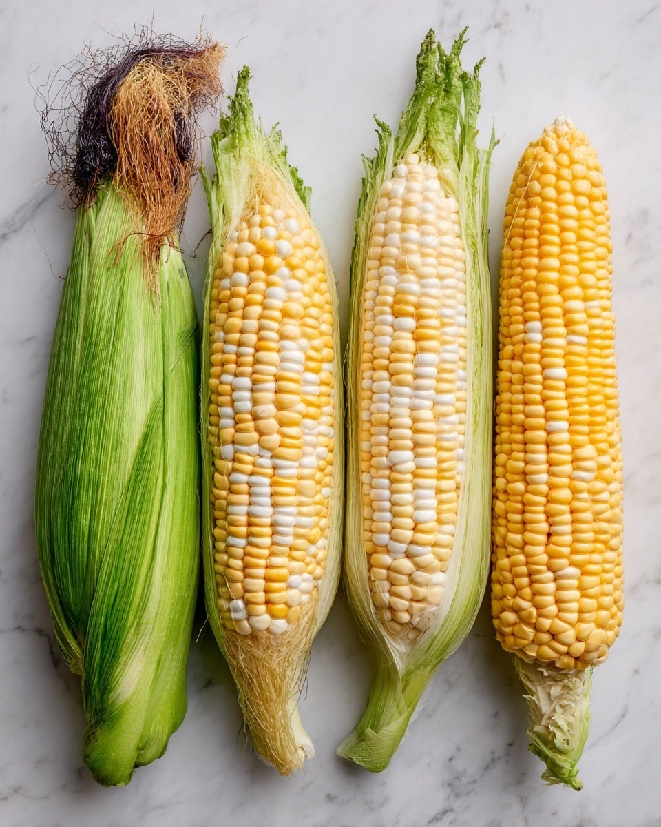 The image shows four ears of corn placed side by side on a white marbled surface. The first ear on the left is fully covered by its green husk with some brown silk at the top. The second and third ears are partially peeled, showing bright yellow and white kernels in neat rows with some green husk still at the base. The fourth ear on the far right is fully exposed with plump yellow and white kernels without any husk. The texture of the kernels looks smooth and shiny, and the colors range from soft green on the husk to vibrant yellow and creamy white on the corn. photo taken with an iphone --ar 4:5 --v 7