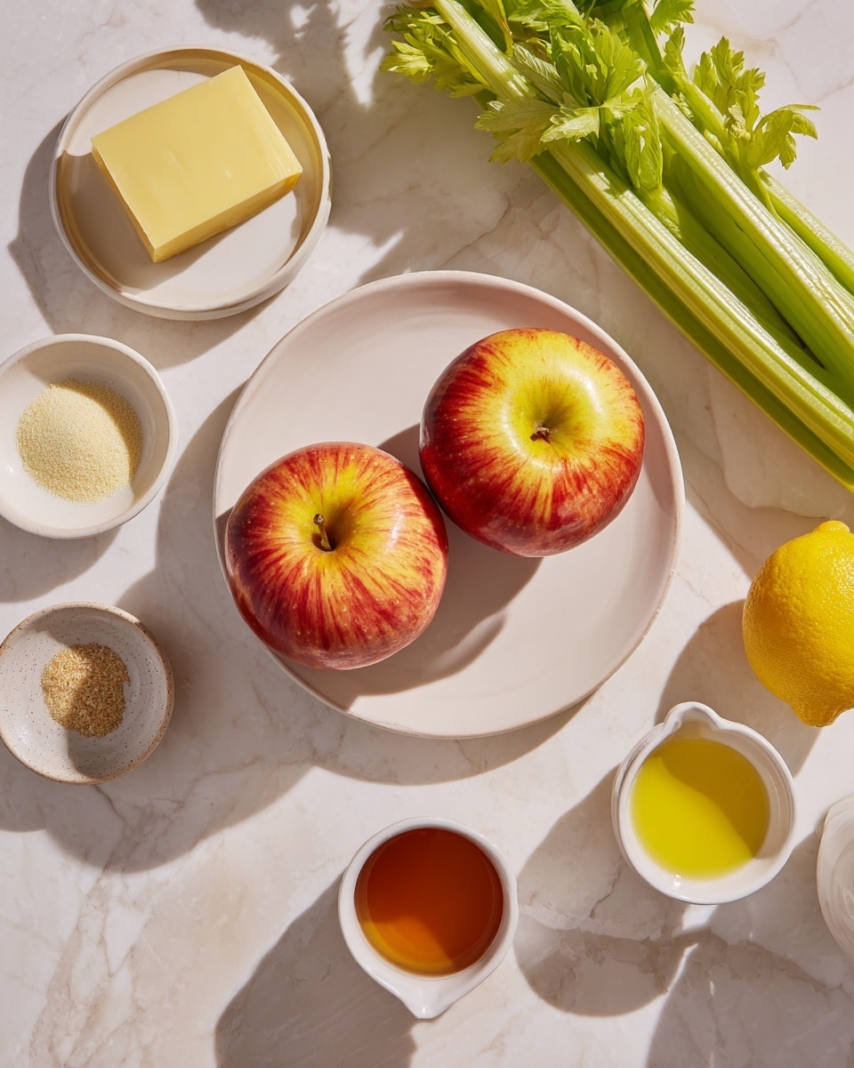 The image shows two red and yellow apples placed side by side in the center of a white plate on a white marbled surface. To the top right of the plate, there is a bunch of fresh bright green celery sticks lying flat. Above the plate and slightly left, a small white bowl holds a block of yellow cheese. Surrounding the plate are small dishes and containers holding different ingredients: a small white dish with light yellow powder near the bottom left, another small bowl with a beige nut or seed near the bottom center, a whole bright yellow lemon near the bottom right, a small white cup with a dark amber liquid to the middle left, a small bowl with light yellow liquid to the bottom left, and a white pouring cup with olive oil to the right. The lighting casts soft shadows, emphasizing fresh, natural textures. photo taken with an iphone --ar 4:5 --v 7