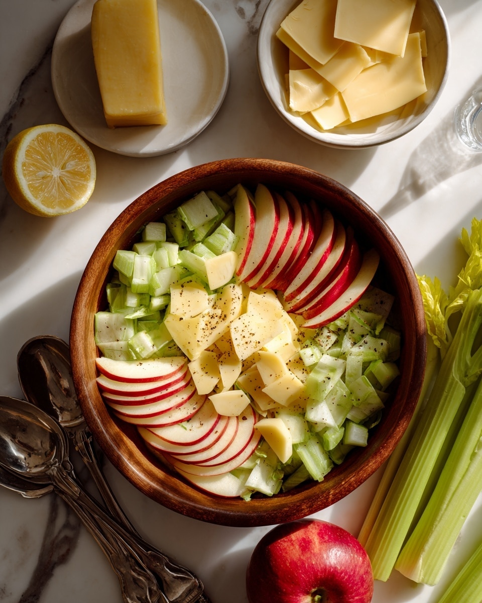A wooden bowl holds a fresh salad made of three main layers: the bottom layer consists of light green chopped celery pieces, the middle layer has thin slices of red and yellow apple with skin on, and the top layer is sprinkled with small, off-white cheese slices and bits of celery leaves. Black pepper is scattered over all layers, adding tiny dark specks. Two silver spoons rest on the right edge of the bowl. Beside the bowl to the right is a bunch of green celery stalks, a squeezed half lemon to the left, and a shiny red apple near the bottom left. The bowl sits on a white marbled surface with soft natural light coming from the top left corner. photo taken with an iphone --ar 4:5 --v 7
