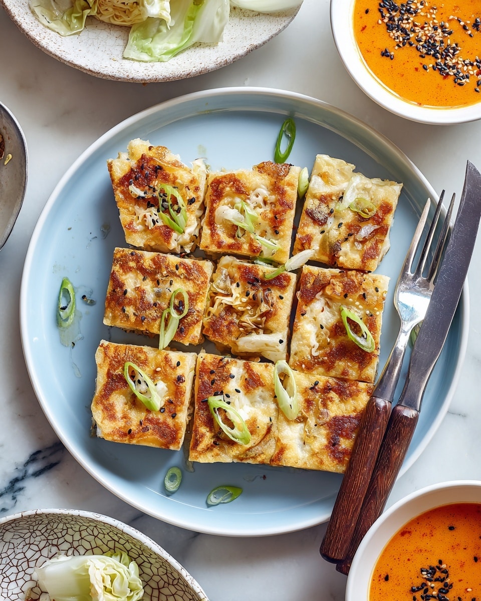 A white round plate holds a single thick layer of orange-brown flat cake cut into nine square pieces, with visible bits of cooked onions and green scallion slices on top, giving a rough and textured surface with some darker browned spots. To the right of the plate, a fork and knife with dark wood handles rest on the edge. Nearby, a clear glass filled with water and a white bowl with orange sauce and red spice bits partially appear on a white marbled surface. Photo taken with an iphone --ar 4:5 --v 7