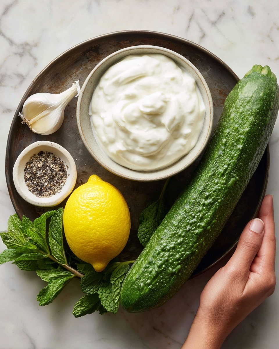 A dark metal tray holds several fresh ingredients on a white marbled surface: at the top center, a bowl filled with thick white yogurt; below and to the left, a long, textured green cucumber; to the right of the cucumber, a bright yellow lemon; a small clove of garlic lies left of the cucumber; near the bottom left corner of the tray, a small white bowl with coarse salt and black pepper; and a small bunch of fresh green mint leaves is near the bottom center-right of the tray. A woman's hand is holding the tray’s bottom right corner. photo taken with an iphone --ar 4:5 --v 7