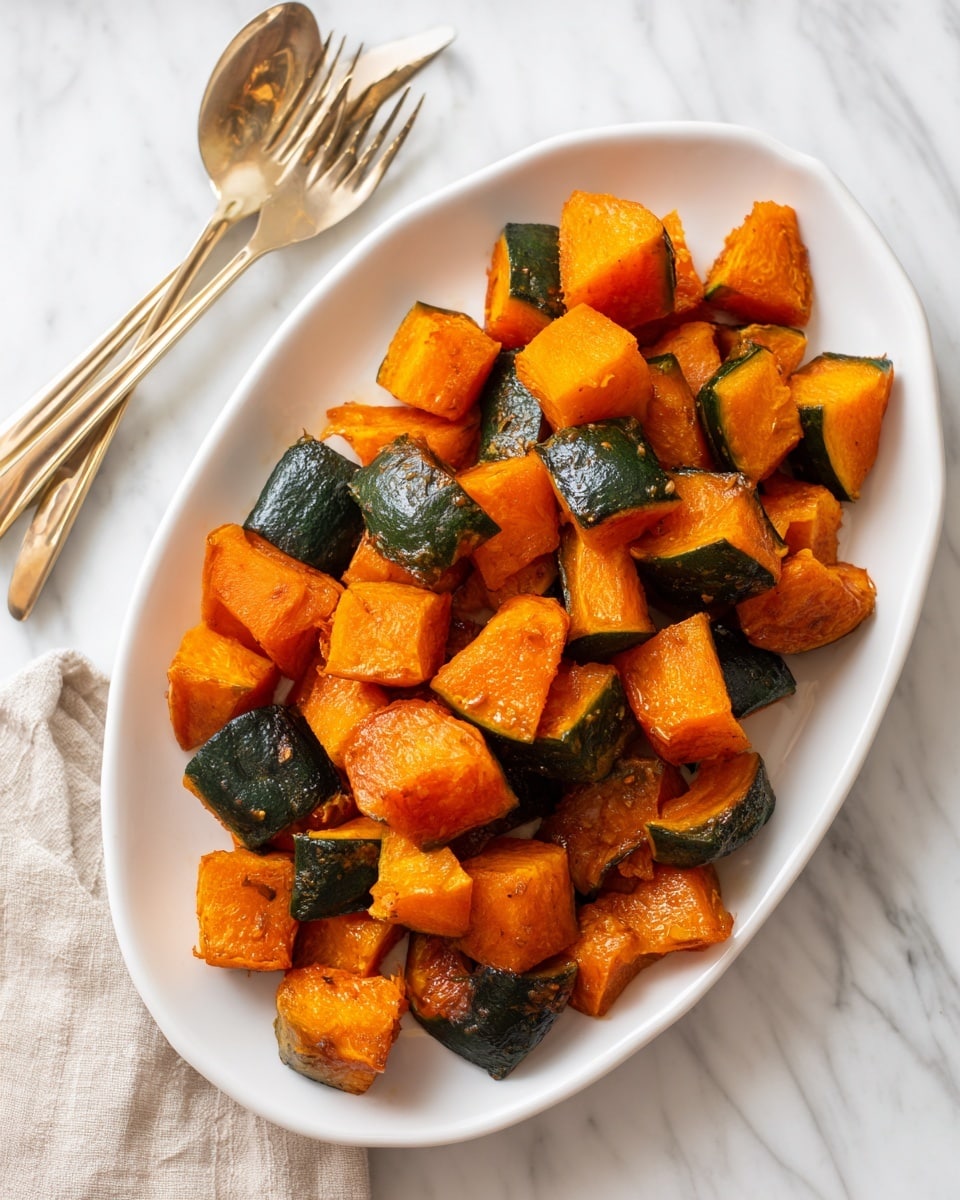 The image shows a white oval plate filled with many small chunks of cooked pumpkin with green skin and bright orange flesh. The pumpkin pieces look soft and shiny, placed in a casual pile covering the whole plate. In the background on the white marbled surface, there are three gold forks with dark brown handles placed near the top edge and a white cloth napkin is visible at the bottom left corner. Photo taken with an iphone --ar 4:5 --v 7