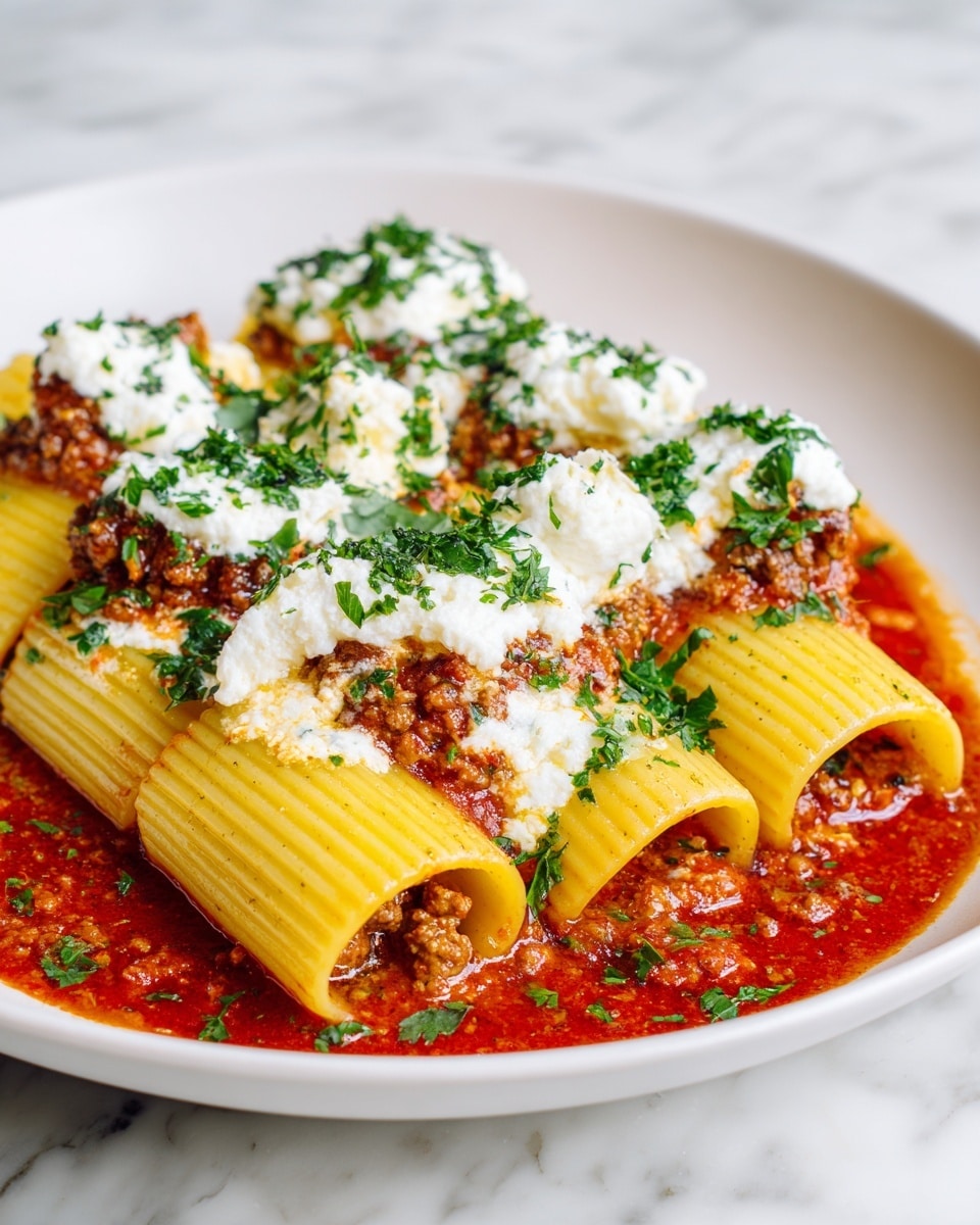The image shows five large pasta tubes filled with browned ground meat, arranged closely on a white plate. The pasta is light yellow, smooth, and slightly firm, with each tube standing open at one end. A rich, red tomato sauce pools around the base of the pasta, adding a glossy shine. Melted white cheese is draped over the top of the tubes, partially covering the meat filling, and small green parsley leaves are sprinkled across the dish for color and freshness. The dish sits on a white marbled surface. photo taken with an iphone --ar 4:5 --v 7