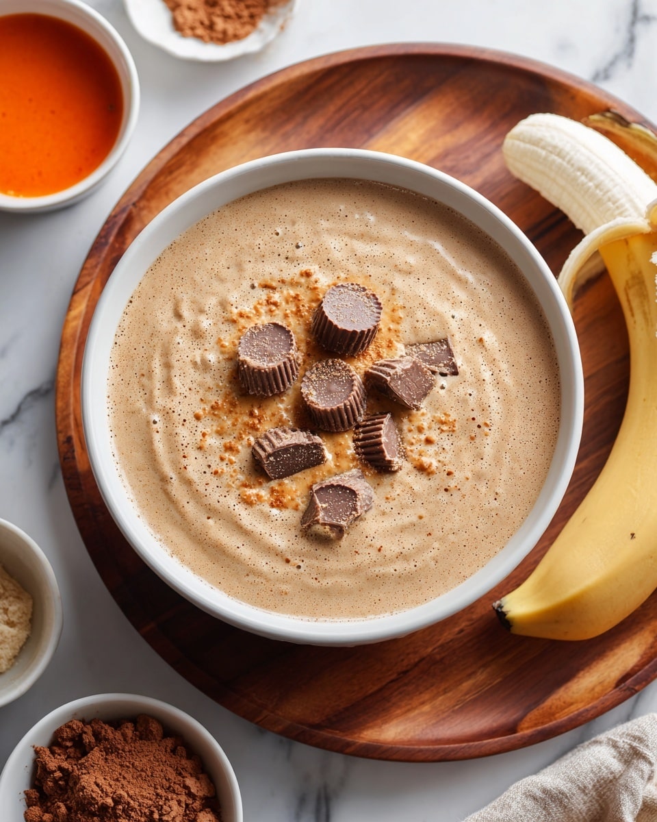 A round white bowl filled with a light beige creamy dessert topped with small chunks of chocolate cup with a peanut butter filling scattered on top. The bowl is placed on a wooden board with uneven wooden grain texture, surrounded by more pieces of the chocolate cups, a small white bowl with light brown creamy sauce, a white bowl with light cacao powder, and a ripe yellow banana at the bottom right. The overall setting is on a white marbled surface. photo taken with an iphone --ar 4:5 --v 7