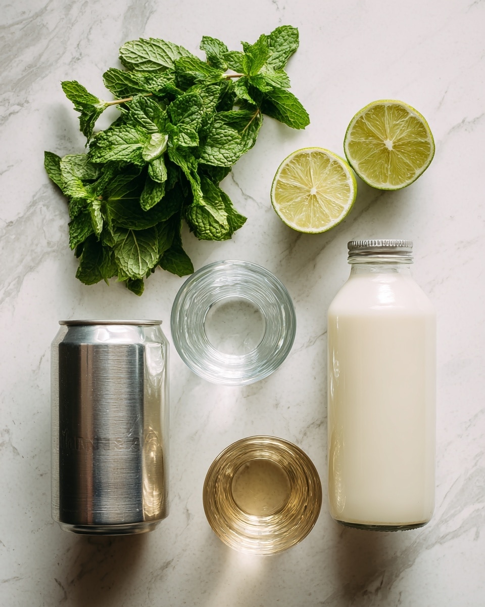 The image shows ingredients for a drink arranged on a white marbled surface. There is a bunch of green mint leaves at the top left, two lime halves below them, a silver can of coconut milk on the left side, and a tall white bottle of syrup on the right side. Between the limes and syrup bottle, there are three clear glasses with different liquids: one with water, one with a light yellow liquid, and one with a small amount of golden liquid. The colors are mostly green, white, silver, and clear, creating a fresh and clean look. Photo taken with an iphone --ar 4:5 --v 7