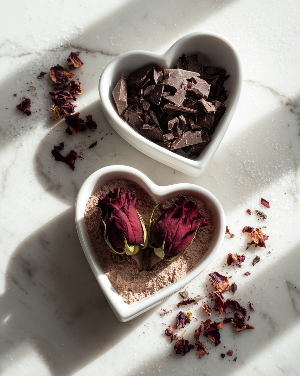 Two white heart-shaped bowls sit on a white marbled surface. The front bowl holds a base of brown powder, topped with two dark red dried roses with hints of green on the stems. The back bowl is filled with dark brown chocolate pieces and shavings, piled loosely. Some dried rose petals are scattered on the white marbled surface next to the bowls. Light and shadow play across the scene, highlighting the textures and shapes. photo taken with an iphone --ar 4:5 --v 7