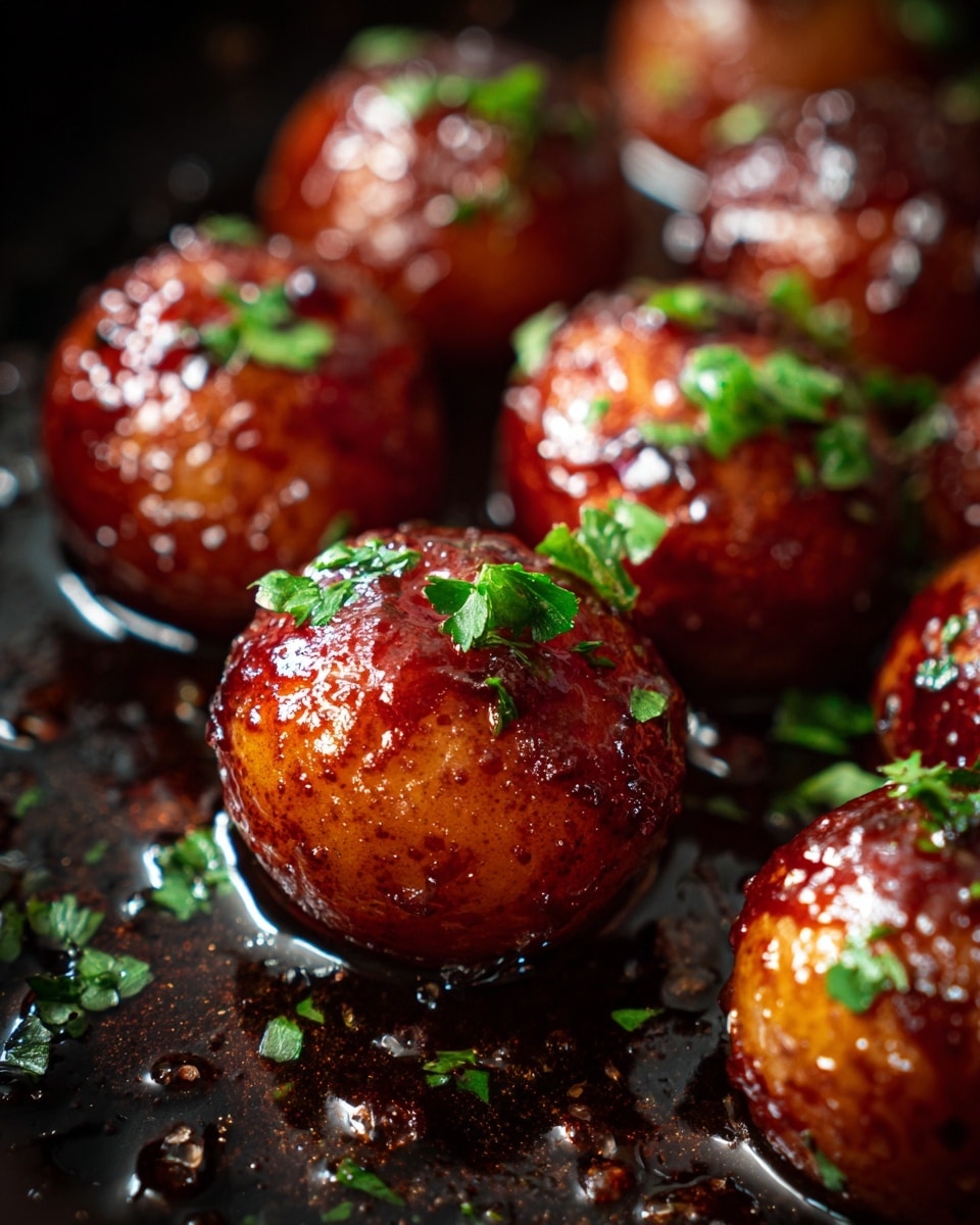 The image shows several small round potatoes covered in a shiny, dark reddish-brown sauce with a sticky texture. The potatoes have a smooth and slightly wrinkled surface, with some parts showing slight charring or caramelization. Small pieces of fresh green herbs are sprinkled evenly on top, adding a touch of color contrast. The background is a dark cooking surface with some oil and glaze reflections, highlighting the potatoes' glossy finish. photo taken with an iphone --ar 4:5 --v 7