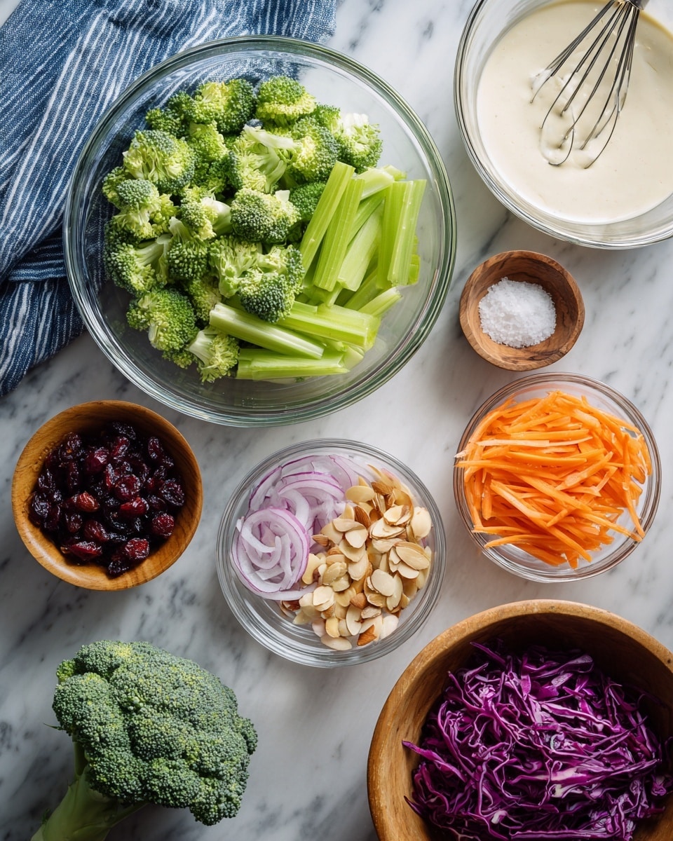 A clear glass bowl in the center holds two layers: a bottom layer of green broccoli florets and a top layer of thin green celery sticks, both fresh and crisp. Around it, smaller clear glass bowls contain thin, pale purple slices of onion, dark red dried cranberries, and light beige sliced almonds. A wooden bowl holds bright purple shredded cabbage, and a white bowl on the right contains thin orange carrot sticks. A small wooden dish near the top holds white salt. Behind the main bowl, a clear glass bowl filled with a creamy off-white dressing stands with a silver whisk inside. At the bottom left, a fresh broccoli stalk lies on the white marbled surface. A blue and white striped cloth is placed in the top left corner. Photo taken with an iphone --ar 4:5 --v 7