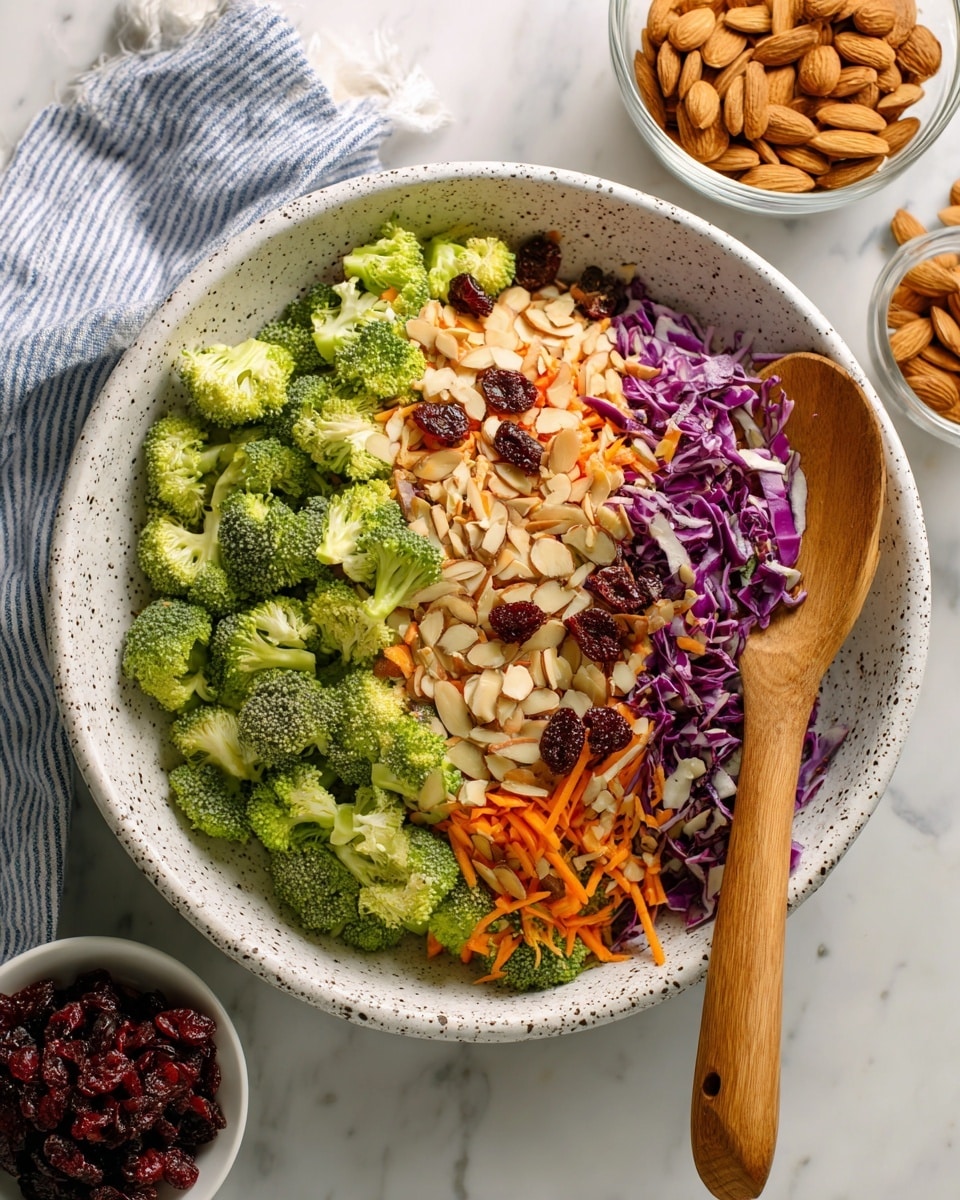 A close-up of a white speckled round plate filled with a fresh, mixed salad. The salad has three main layers: bright green small broccoli florets scattered evenly as the top layer, thin pale green celery strips forming the middle layer, and a base of thin orange carrot sticks mingled with strips of purple cabbage. Thin, smooth light brown almond slices are scattered on top, adding texture and contrast. A wooden spoon is partly visible to the right side of the plate. The plate is sitting on a white marbled surface, with a glass bowl of sliced almonds at the top right and part of a bowl with dried cranberries at the bottom left. A blue and white striped cloth is in the top left corner. The photo taken with an iphone --ar 4:5 --v 7