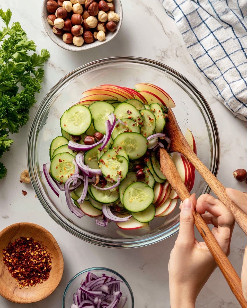 A clear glass bowl holds three bright layers of thinly sliced ingredients: pale green cucumber sticks on the left, red apple sticks with red skin on the right, and thinly sliced rings of purple-red onion scattered on top and between the sticks. A woman's hand on the right side holds a wooden spatula, stirring the mixture along with another wooden spoon held by a woman's hand from the bottom left. Around the bowl, on a white marbled surface, there is a small wooden dish with crushed red pepper flakes, a small glass bowl with more sliced purple-red onions, a cracked white bowl filled with whole and halved hazelnuts, and fresh green parsley leaves on the left. A white and blue checkered cloth sits in the upper right corner. photo taken with an iphone --ar 4:5 --v 7