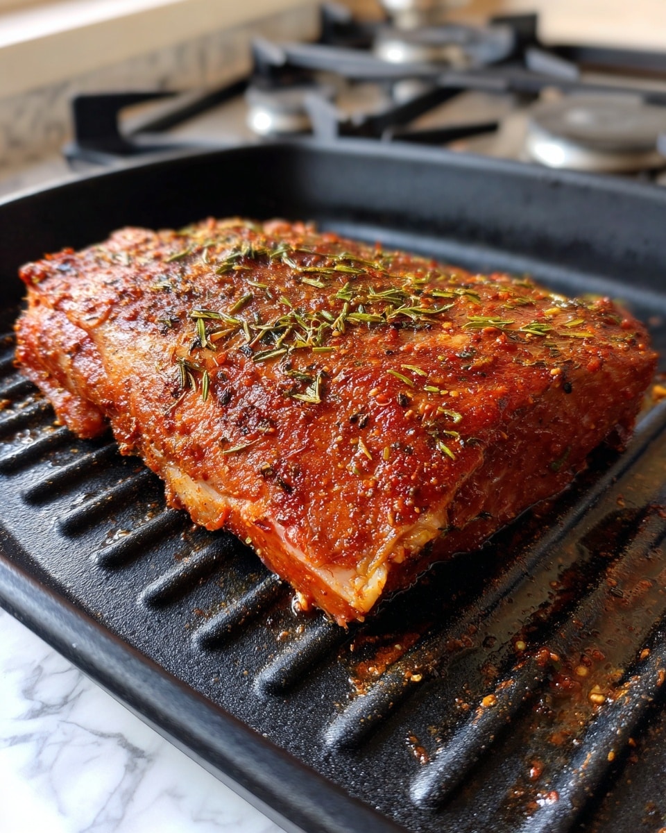 A large piece of marinated meat with a reddish-brown color and textured surface is placed on a black grill pan, showing some yellow-green herbs on the edges. The grill pan has parallel ridges and is on a stove. The background surface is white marble. photo taken with an iphone --ar 4:5 --v 7