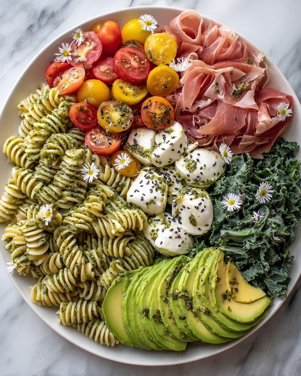 A white plate holds a colorful pasta salad with three main layers: the bottom layer is made of thick, spiral-shaped pasta pieces in a light yellow color, mixed with green leafy vegetables and split cherry tomatoes in red, yellow, and dark purple. On top of this, there are smooth, sliced avocado pieces arranged in a fan shape on one side, small white dollops of soft cheese scattered around, and thin, pale pink slices of cured meat placed in different spots. The dish is sprinkled with small black seeds and decorated with tiny white flowers with yellow centers, all set against a white marbled surface. Photo taken with an iphone --ar 4:5 --v 7