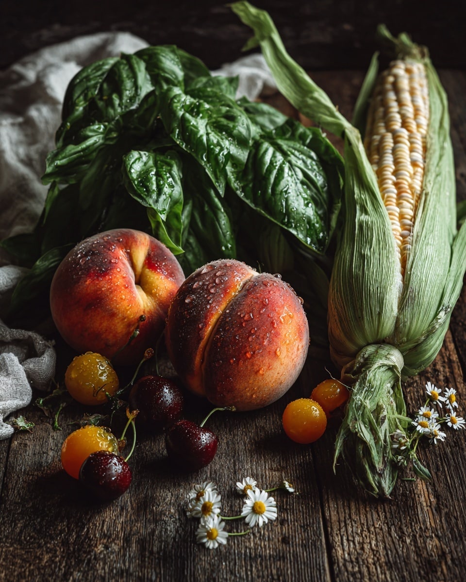 The image shows a rustic still life of fresh fruits and vegetables arranged on a dark wooden surface, now imagined on a white marbled texture. In the front center, there are two ripe peaches with soft red and orange skin, with droplets of water on them. To the right, there is a bunch of large, textured green basil leaves that partially cover the peaches. Behind and to the right, an ear of corn with light green husks is placed vertically. Scattered around are small, dark red cherries with stems, and two halved tomatoes with dark brown and reddish insides showing their seeds. Among the fruits are a few small yellow and brown tomatoes, as well as tiny white chamomile flowers. The scene is lit with natural light, creating soft shadows and highlighting the textures and colors. photo taken with an iphone --ar 4:5 --v 7