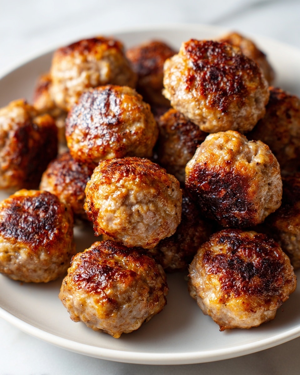 A white plate holds about a dozen round meatballs with a golden-brown crust. Each meatball has a slightly rough texture with darker browned spots on top and around the edges, showing they are cooked well and have a crispy outside. The meatballs are arranged close together, filling the plate, and the white marbled surface beneath adds a clean and bright background. The warm light highlights the uneven browning and the plump, juicy look of the meatballs. photo taken with an iphone --ar 4:5 --v 7