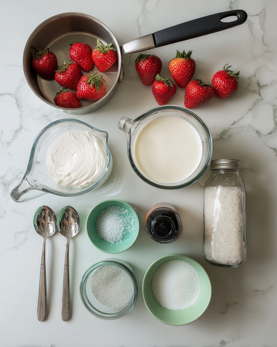 The image shows various ingredients arranged on a white marbled surface for a recipe. At the top, there is a metal saucepan with a black handle. Next to it are fresh red strawberries with green leaves. Below, there is a clear glass measuring cup filled with white cream, and next to it, a glass jar filled with milk. Nearby, there are light green measuring cups, one filled with white granulated sugar and the other empty. A small dark bottle with a black cap is also present, along with a clear glass jar filled with more sugar. In front, there are metal measuring spoons containing fine salt and sugar, and a small green bowl with coarse salt. The ingredients are organized neatly, each showing a different texture like smooth liquid, granular sugar, and fresh fruit. Photo taken with an iphone --ar 4:5 --v 7