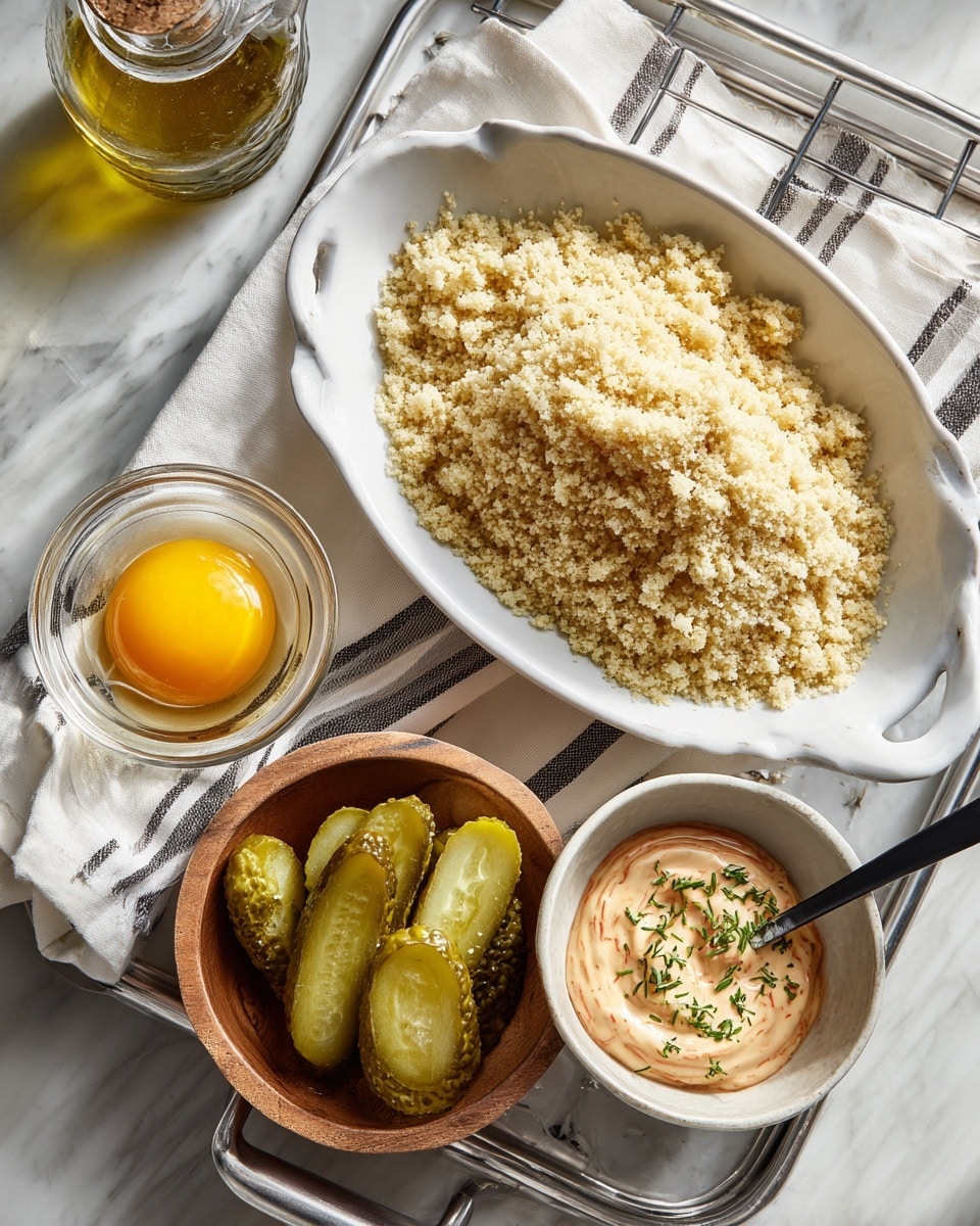 A white oval plate is filled with a mound of light beige breadcrumbs with a slightly rough texture. Near it, a small white bowl contains a raw egg with a bright yellow yolk and clear white. A glass bowl below the breadcrumbs holds shiny, light green crinkle-cut pickle slices stacked unevenly. Next to it is a small wooden bowl with a creamy, pale orange sauce speckled with green herbs, with a black spoon inside. The scene is set on a white marbled surface, with a white cloth featuring dark stripes under the bowls. Part of a metal cooling rack and a glass bottle with light golden oil are also visible. photo taken with an iphone --ar 4:5 --v 7