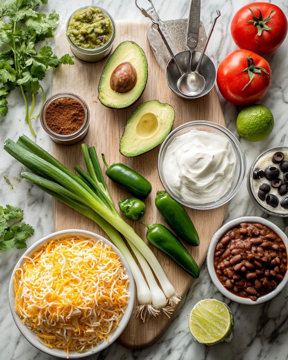 The image shows various fresh ingredients placed on a light wooden cutting board on a white marbled surface. In the center are two halved avocados, one showing the seed, surrounded by a bunch of green onions with white bulbs, three green jalapeno peppers, and a ripe red tomato. On the right side, there is a small clear glass bowl filled with white sour cream, black sliced olives in a metal measuring cup, and a brown seasoning powder in another metal measuring cup. To the left, there is a heap of shredded yellow cheddar cheese in a white bowl, bright green cilantro leaves at the bottom, a couple of lime halves, and an open can with brown refried beans. There is also a clear glass bowl filled with chunky green salsa. A set of metal measuring spoons is placed near the olives and seasoning powder. The whole setting is well-lit, showing the fresh, natural colors of the ingredients, photo taken with an iphone --ar 4:5 --v 7