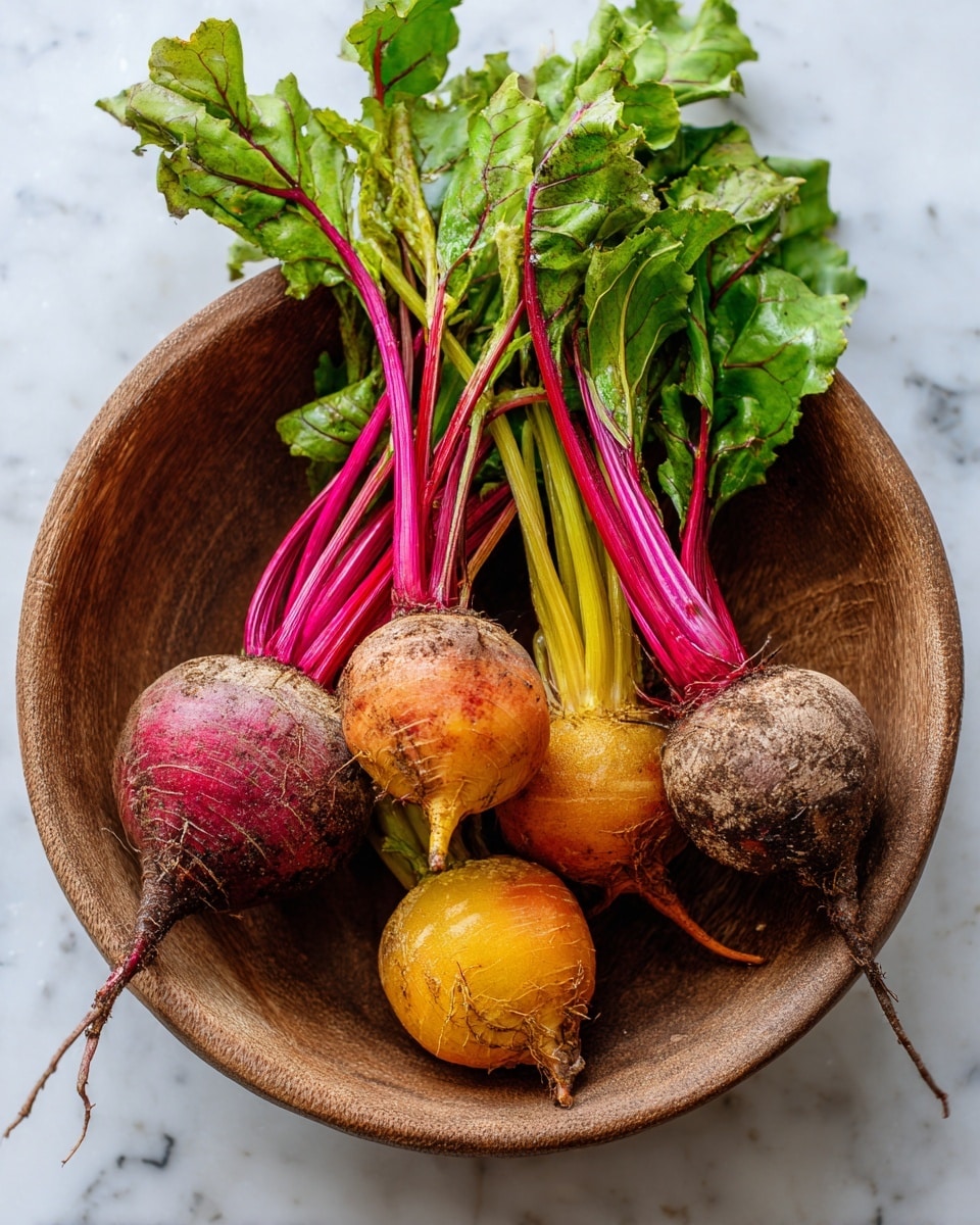 A wooden bowl filled with five beets shows two different colors: three have a reddish-purple skin with bright purple stems and green leaves, and two have an orange-pink skin with yellowish-green stems and green leaves. The beets have rough textures with some dirt on them, and the leafy tops spread outward. The bowl sits on a white marbled surface. photo taken with an iphone --ar 4:5 --v 7