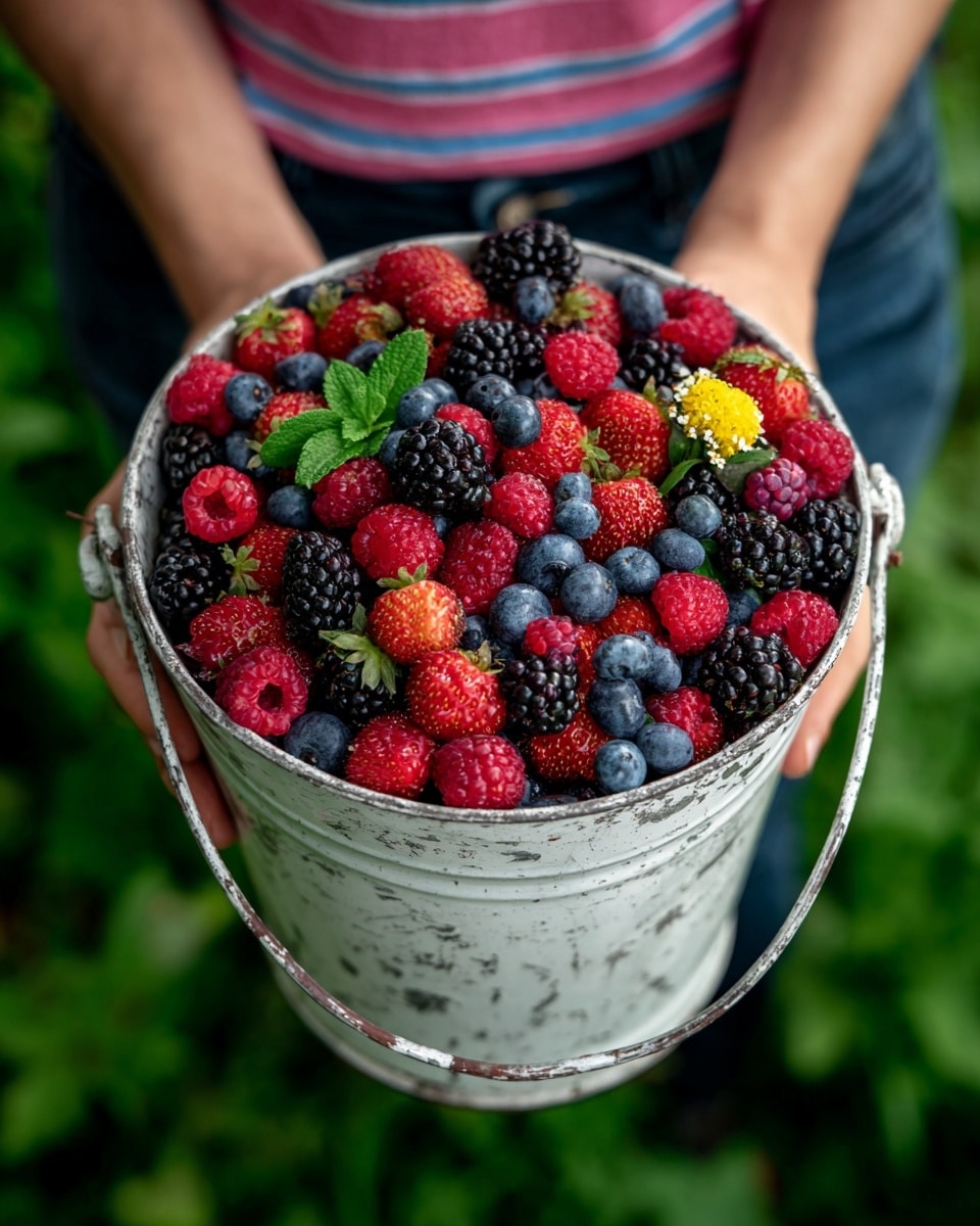 A white metal bucket is filled with a mix of fresh berries, including large blackberries, small bright red raspberries, and small dark blue blueberries, with a few green mint leaves and one small yellow flower on top. The bucket has a slightly worn and cracked surface, held by a woman's hand gripping the handle. The person holding the bucket wears a pink and blue striped shirt and dark pants, standing on green grass with a white marbled texture background visible in the image. photo taken with an iphone --ar 4:5 --v 7