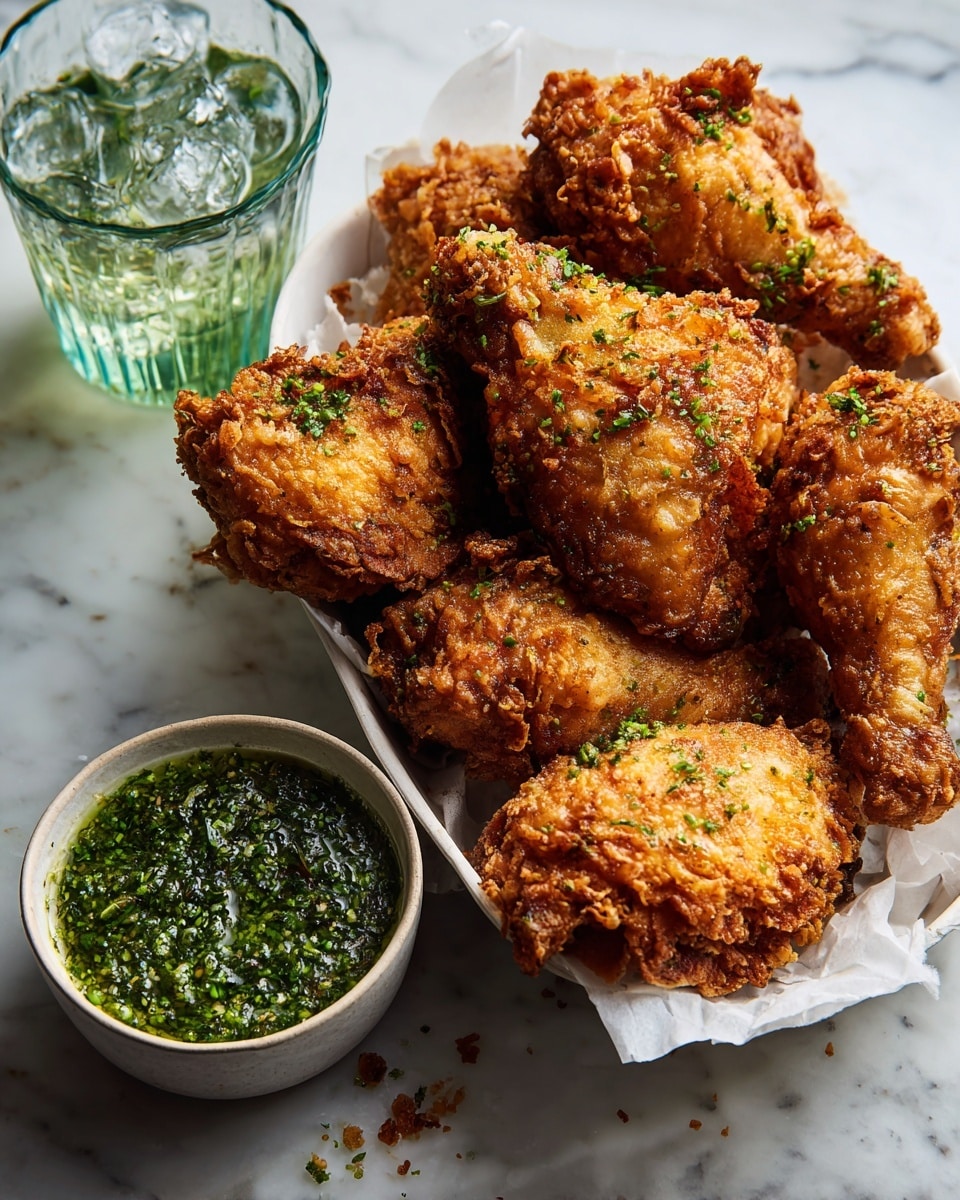 Two white paper trays hold several pieces of golden brown fried chicken with a rough, crunchy texture and visible crunchy bits on the outside. Next to them is a small white bowl filled with a green dipping sauce made up of herbs and oil. To the left side, there is a glass of iced drink with visible ice cubes. The setting is on a white marbled surface with some scattered crumbs around, and a woman's hand holding a piece of chicken is partially visible. photo taken with an iphone --ar 4:5 --v 7