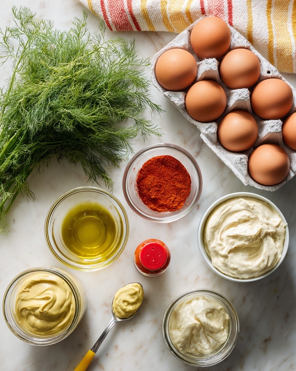 The image shows a white marbled surface with cooking ingredients neatly arranged. At the top right, there is a white carton holding six brown eggs. To the left of the eggs, a bunch of fresh green dill lies flat. Above the dill, there is a clear glass mixing bowl partially visible. Below the dill, a small white bowl contains golden-yellow oil. In the center, a small clear bowl holds bright red paprika powder. To the right of the paprika, there is a small bottle of hot sauce with a red cap. At the bottom left, a glass jar filled with pale yellow mustard sits open. Next to it, a spoon with a dollop of mustard rests on the surface. To the right of the spoon, there is a glass jar filled with creamy white mayonnaise with a yellow spoon inside. A folded cloth with orange, yellow, and red stripes sits near the top right corner. Photo taken with an iphone --ar 4:5 --v 7