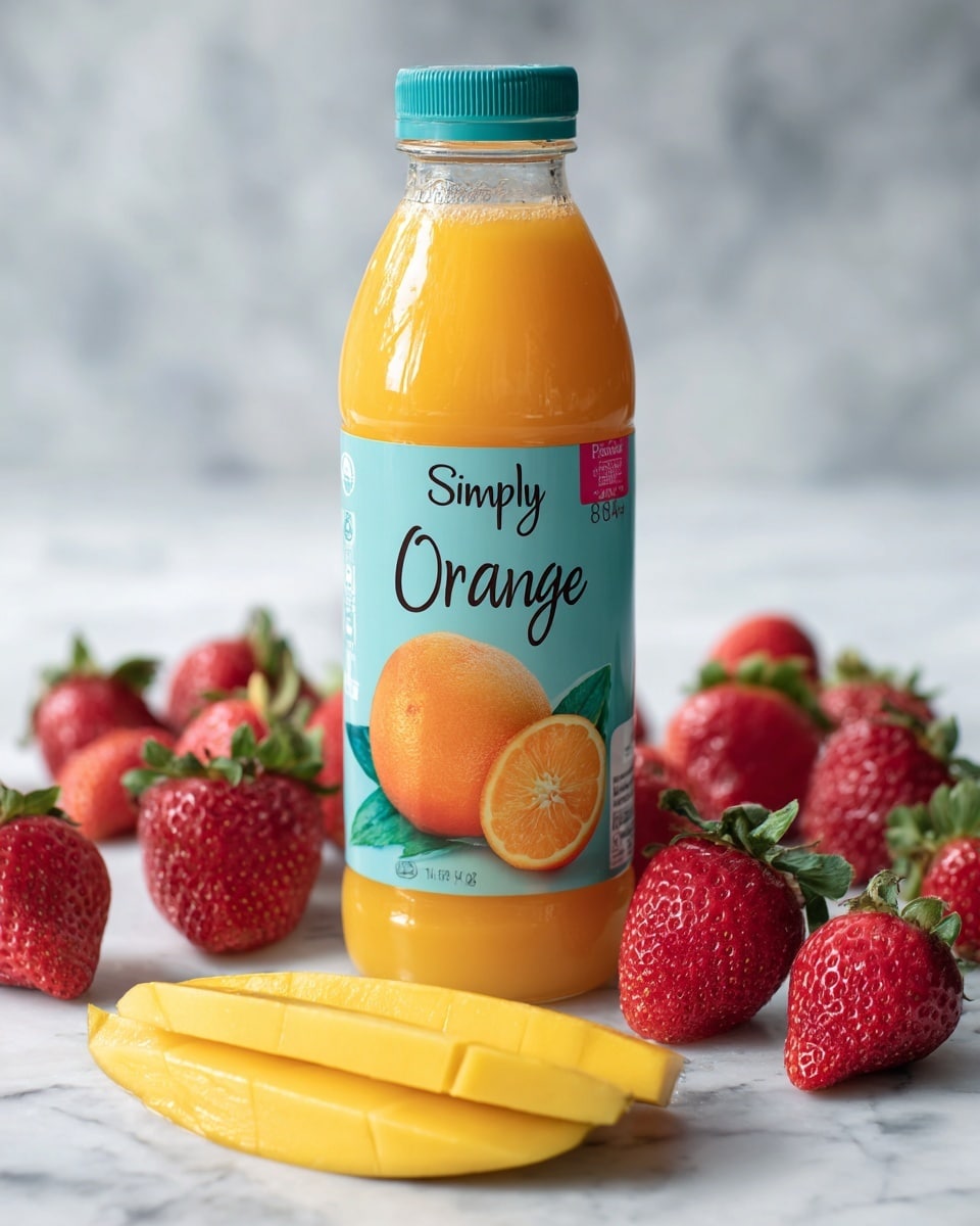 A clear bottle filled with orange juice sits at the center, showing a rich orange color through the bottle. The bottle has a teal lid and a label with a large orange image and the words