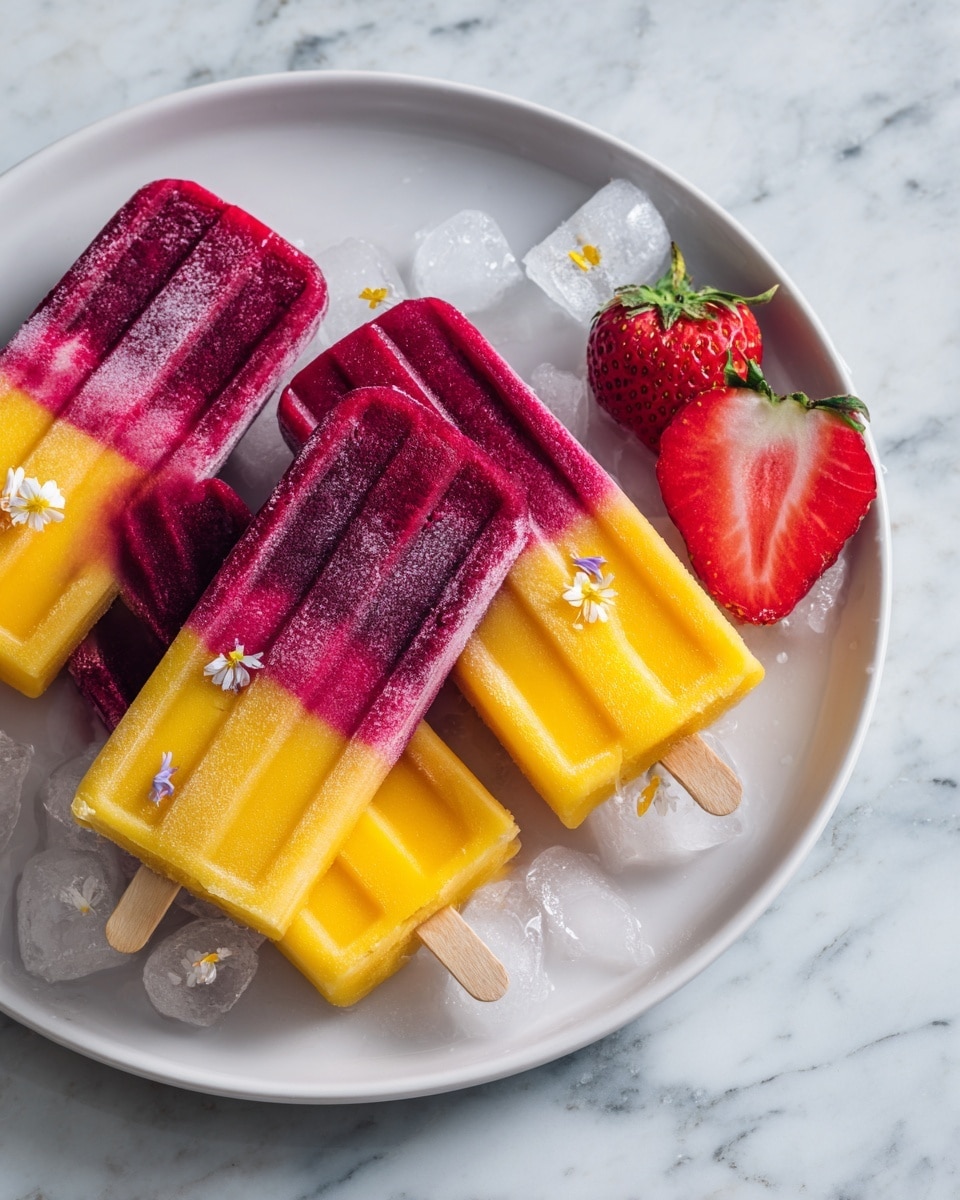 Five popsicles with two main layers are arranged on a white plate. Each popsicle has a bright yellow-orange bottom half and a deep red top half, with some spots where the two colors meet. They are topped with small pieces of crushed ice. Two small white flowers with yellow centers decorate two of the popsicles. A halved strawberry with its green stem is placed on the plate near the popsicles. The plate is set on a white marbled textured surface with some water droplets and small spots around it. Photo taken with an iphone --ar 4:5 --v 7