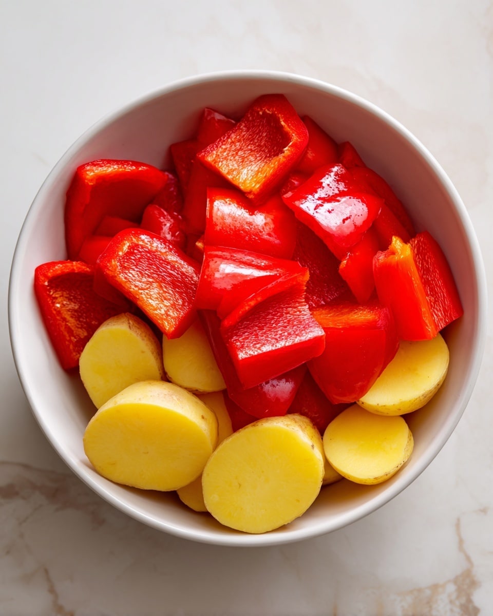 A clear white bowl sits on a white marbled surface, filled with several pieces of red bell pepper cut into large chunks. Beneath the peppers, there are round slices of yellow potato with smooth, pale skin, arranged in a single layer at the bottom of the bowl. The red peppers contrast brightly against the light yellow potatoes, both ingredients shiny and fresh. Photo taken with an iphone --ar 4:5 --v 7