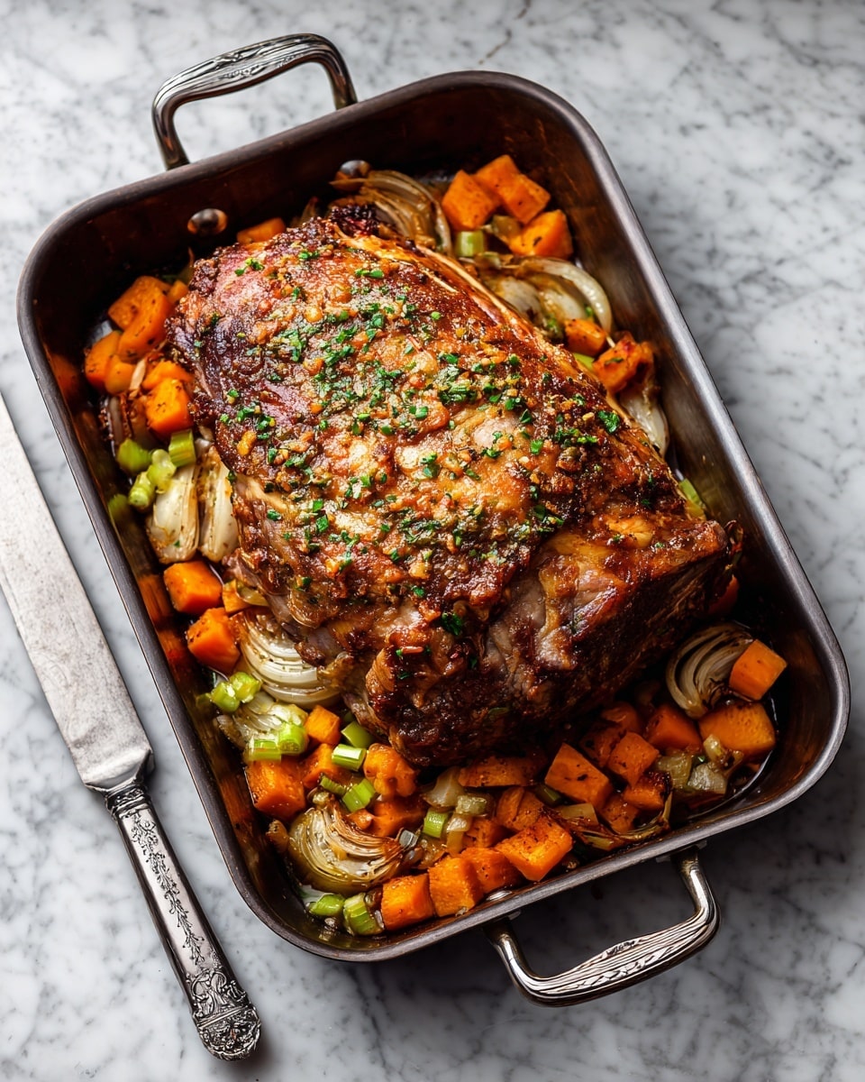 A large roasted piece of meat with a browned, crispy skin and sprinkled with herbs sits in the middle of an oval white pan. Around the meat, there are chunky, soft-looking orange cubes mixed with translucent, cooked onions and pale green celery pieces. The pan is placed on a white marbled surface, and a silver knife lies beside it. photo taken with an iphone --ar 4:5 --v 7