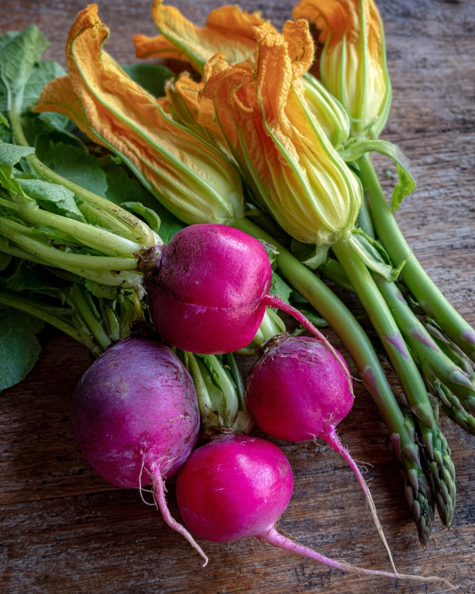 The image shows a close-up of fresh vegetables placed on a wooden surface. There are three radishes with round shapes and bright pink to purple colors, each with green stems and leaves attached. Around the radishes, there are several yellow-orange squash blossoms with long green stems, their petals looking delicate and slightly wrinkled. To the right, some green asparagus spears add a thin, upright texture, creating a fresh, garden-like scene. The setting highlights the natural colors and textures of the vegetables clearly, with the wood adding a rustic touch. photo taken with an iphone --ar 4:5 --v 7