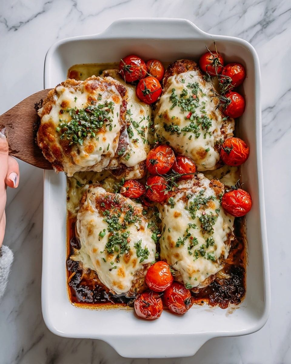 A white rectangular baking dish filled with four pieces of browned chicken topped with melted, bubbly white cheese that has golden brown spots and is sprinkled with fresh green herbs. Around the chicken, there are roasted red cherry tomatoes with wrinkled skins, resting in a light brown sauce that has a glossy texture. A woman's hand is holding a metal spatula under one piece of chicken, lifting it slightly. The dish sits on a white marbled surface. photo taken with an iphone --ar 4:5 --v 7