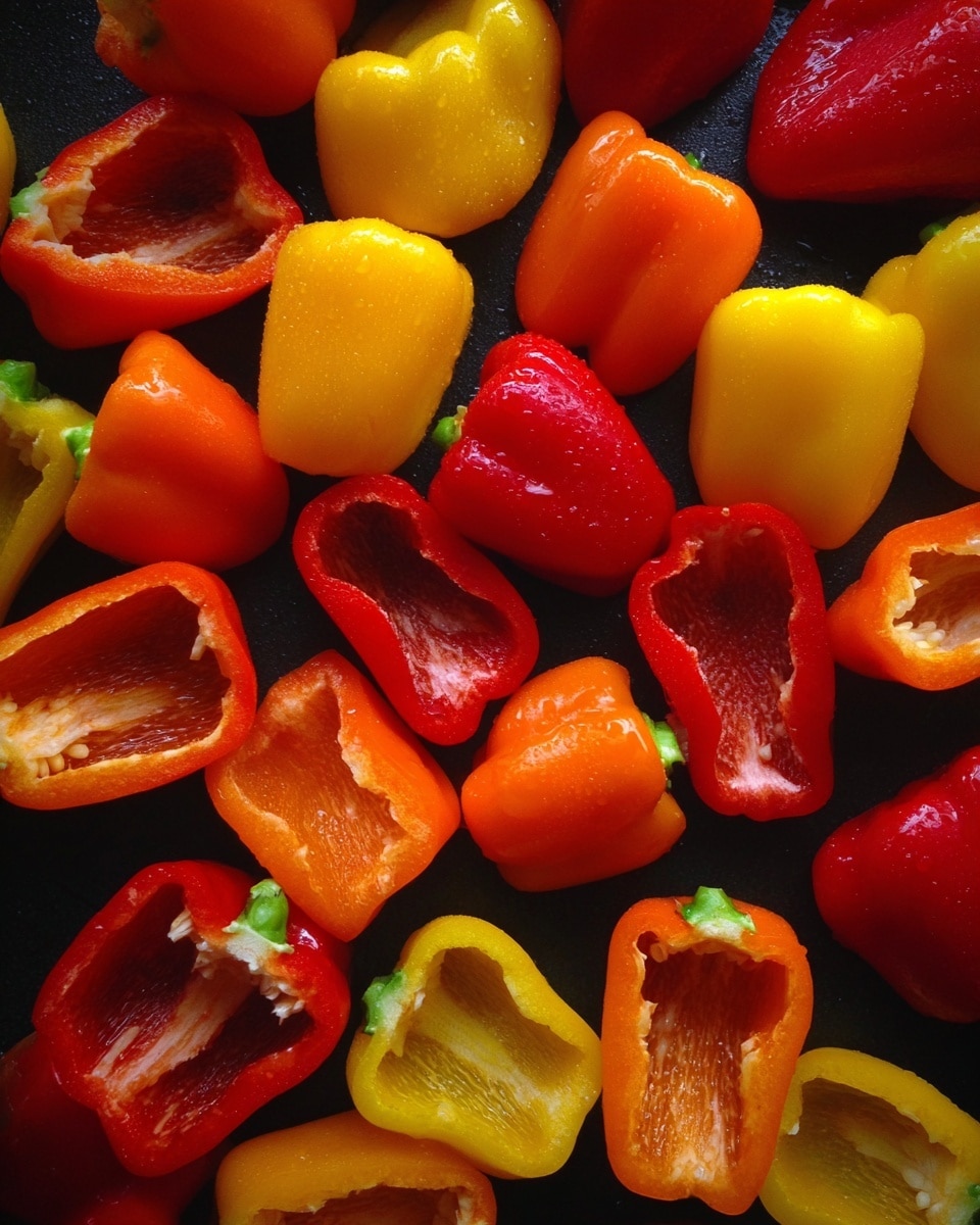 The image shows many small hollow bell peppers in red, yellow, and orange colors scattered on a dark surface. Each pepper is cut at the top, showing the smooth inner texture with no seeds inside. The peppers are shiny with a fresh and slightly wet look, arranged randomly but filling the whole frame. photo taken with an iphone --ar 4:5 --v 7