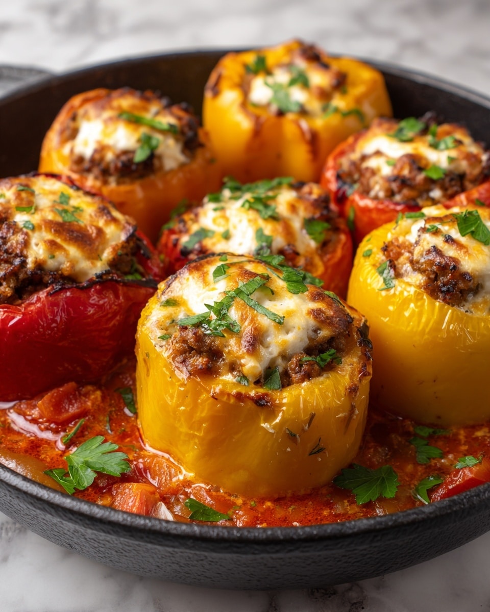 The image shows a black pan filled with stuffed mini bell peppers in three colors: orange, yellow, and red. Each pepper is cut in half and filled with a mixture that looks creamy and contains small bits, likely of meat and rice. The stuffed peppers are arranged closely in the pan, with each pepper's open end facing up. The creamy sauce surrounds the peppers and has a light red color with visible chopped tomatoes mixed in. Fresh green parsley leaves are scattered on top, adding a bright contrast to the warm colors of the dish. The pan rests on a white marbled surface photo taken with an iphone --ar 4:5 --v 7